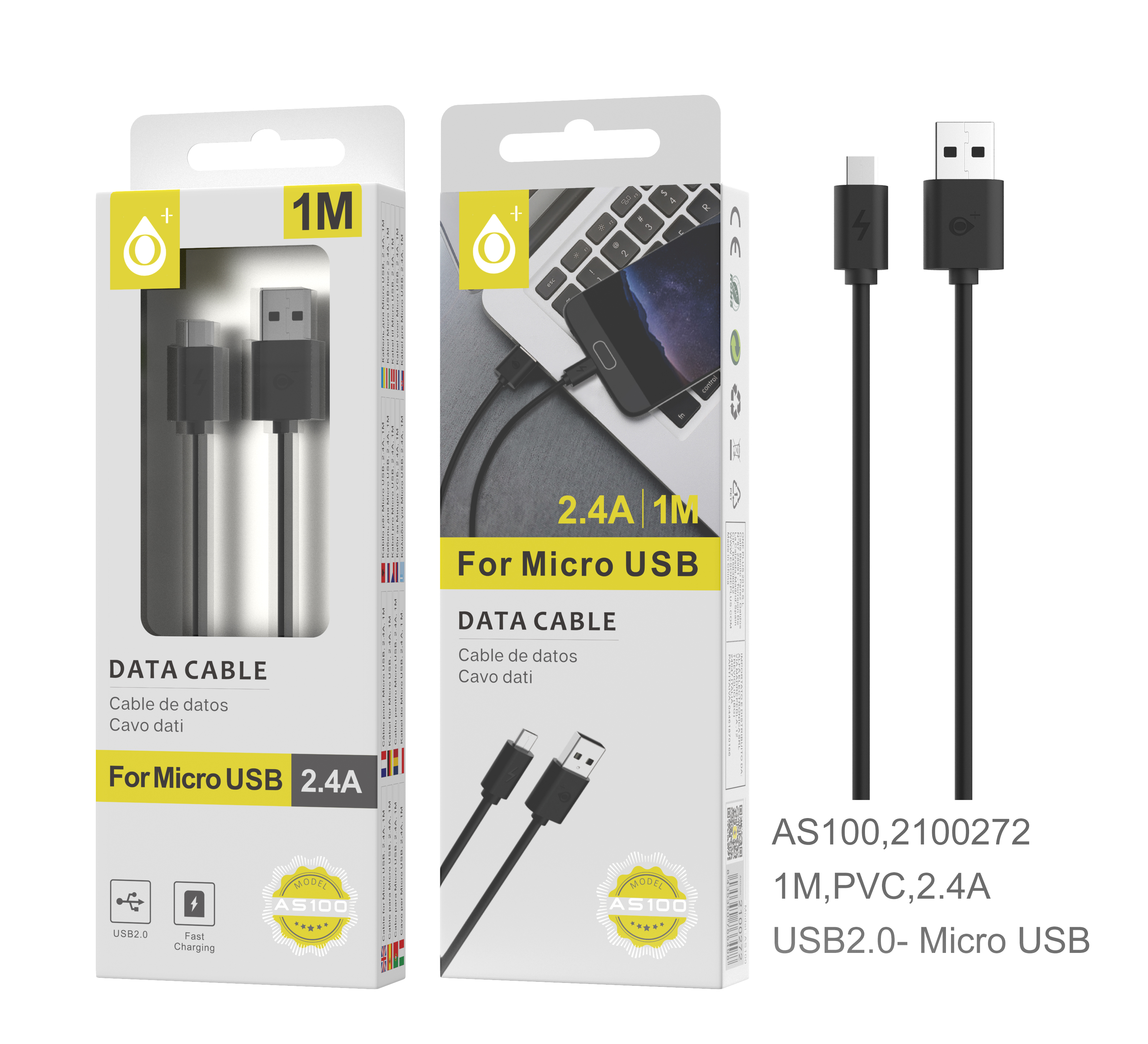 23102002 AS100 NE Cable de datos ONE de Micro USB 2A, 1M, Negro