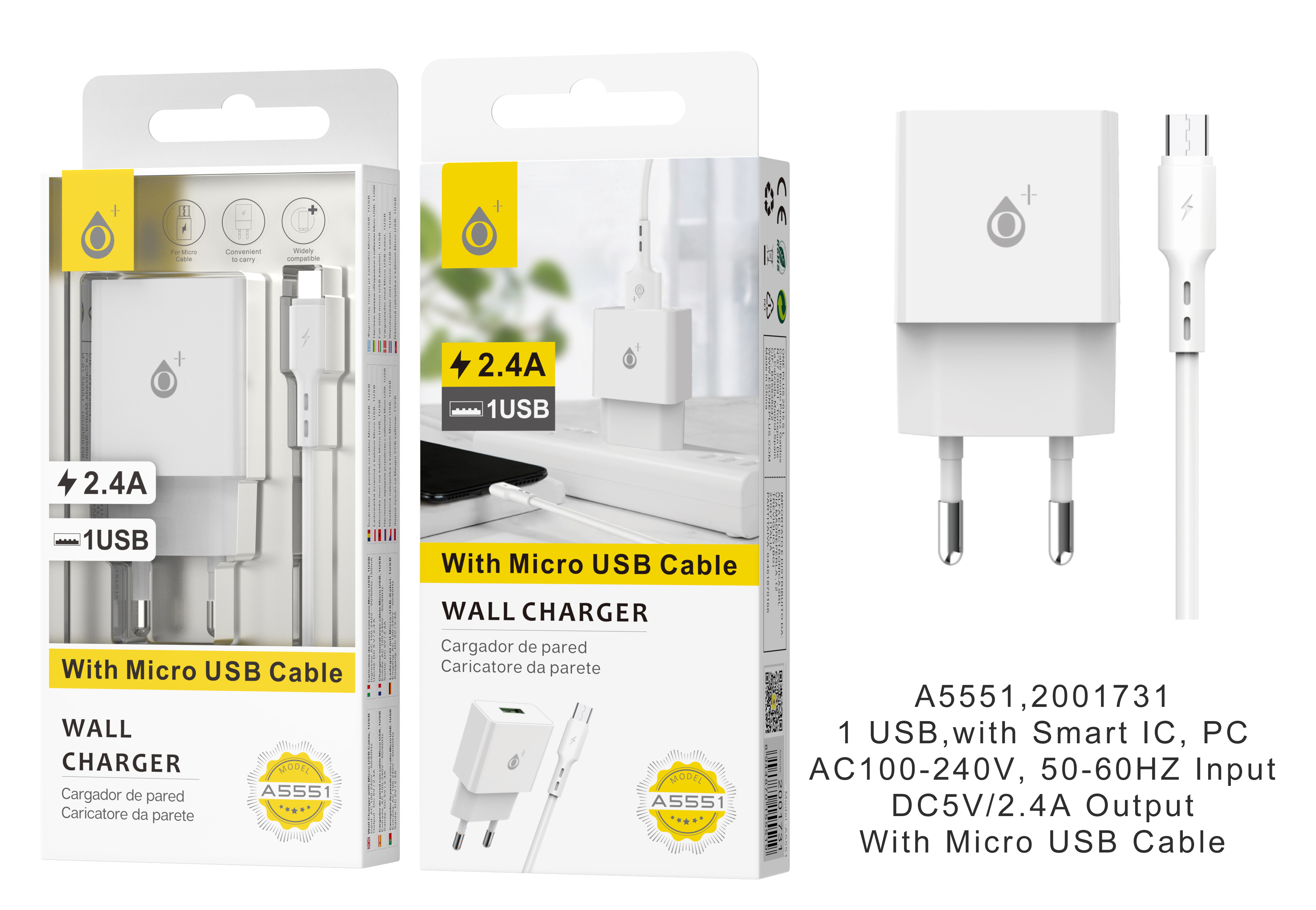 A5551 BL Cargador de Red Jaspe con cable para Micro USB , 2.4A 5V , Blanco