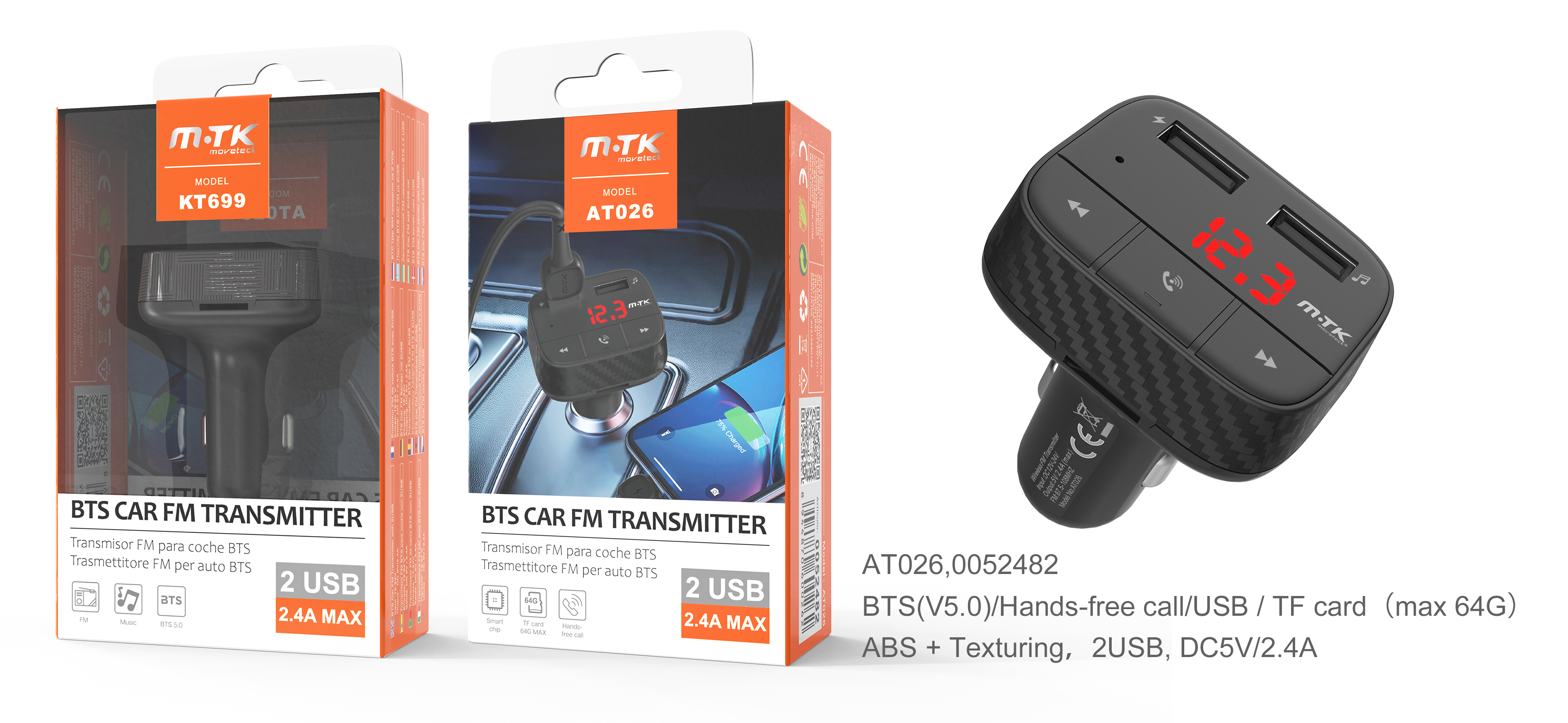 AT026 NE Transmisor Bluetooth de FM con Microfono y Pantalla LED ,2.4A, 2USB, Negro