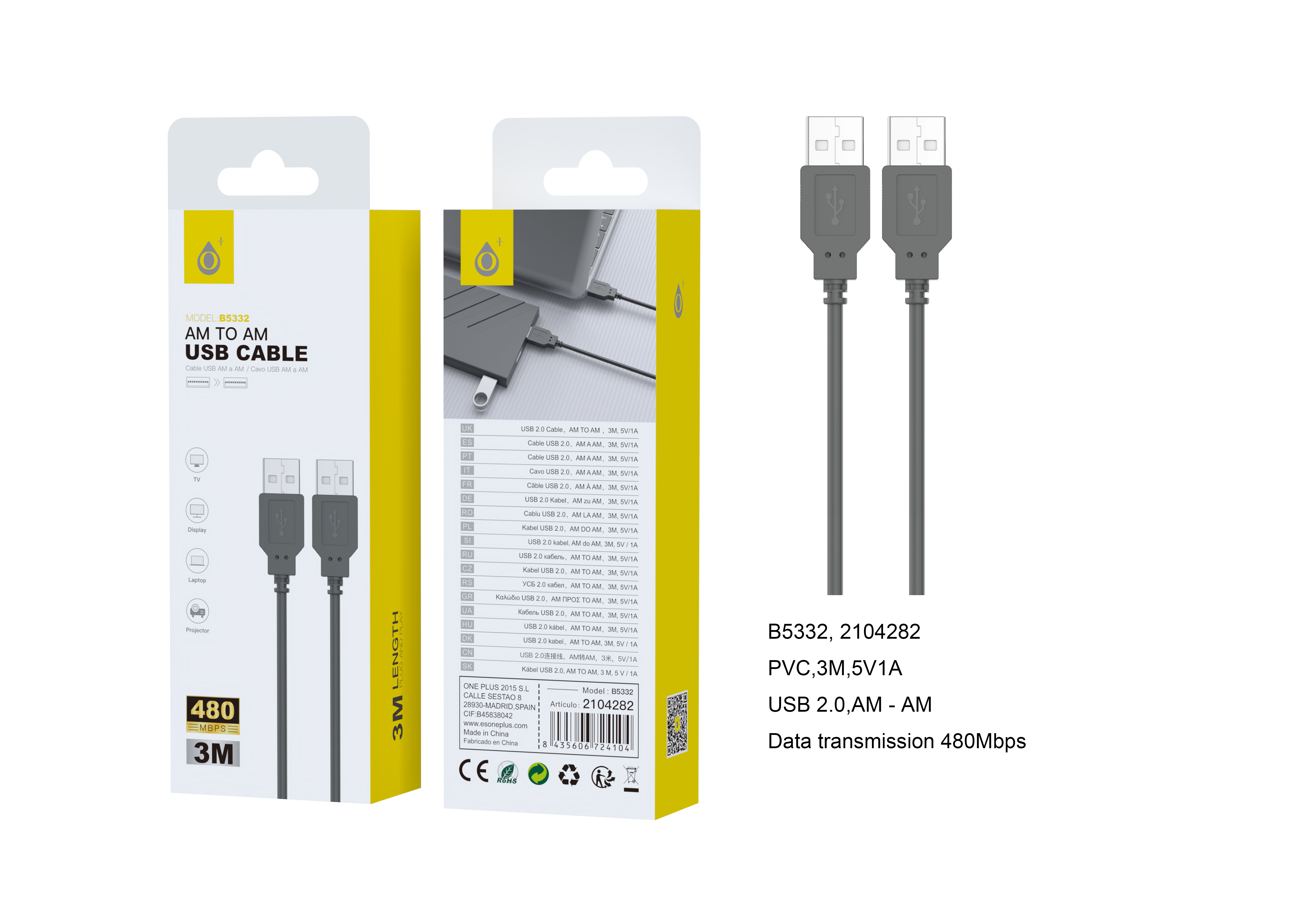 B5332 NE Cable  USB 2.0 AM a AM , 3M , Negro