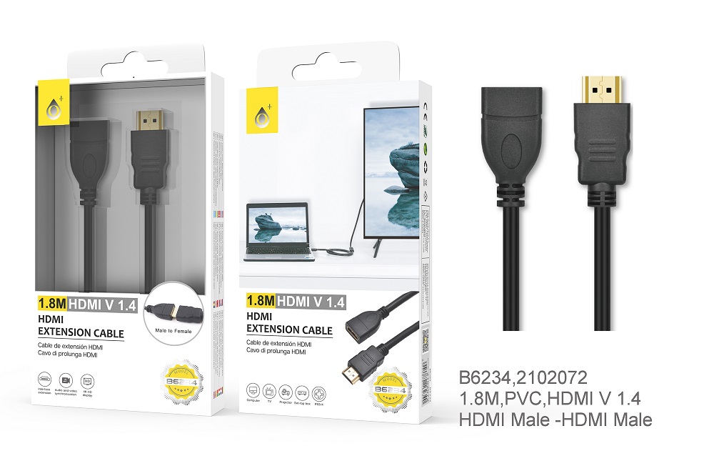 B6234 NE Cable de extensión HDMI V1.4, 1080P, M a F, Longitud 1.8M , Negro