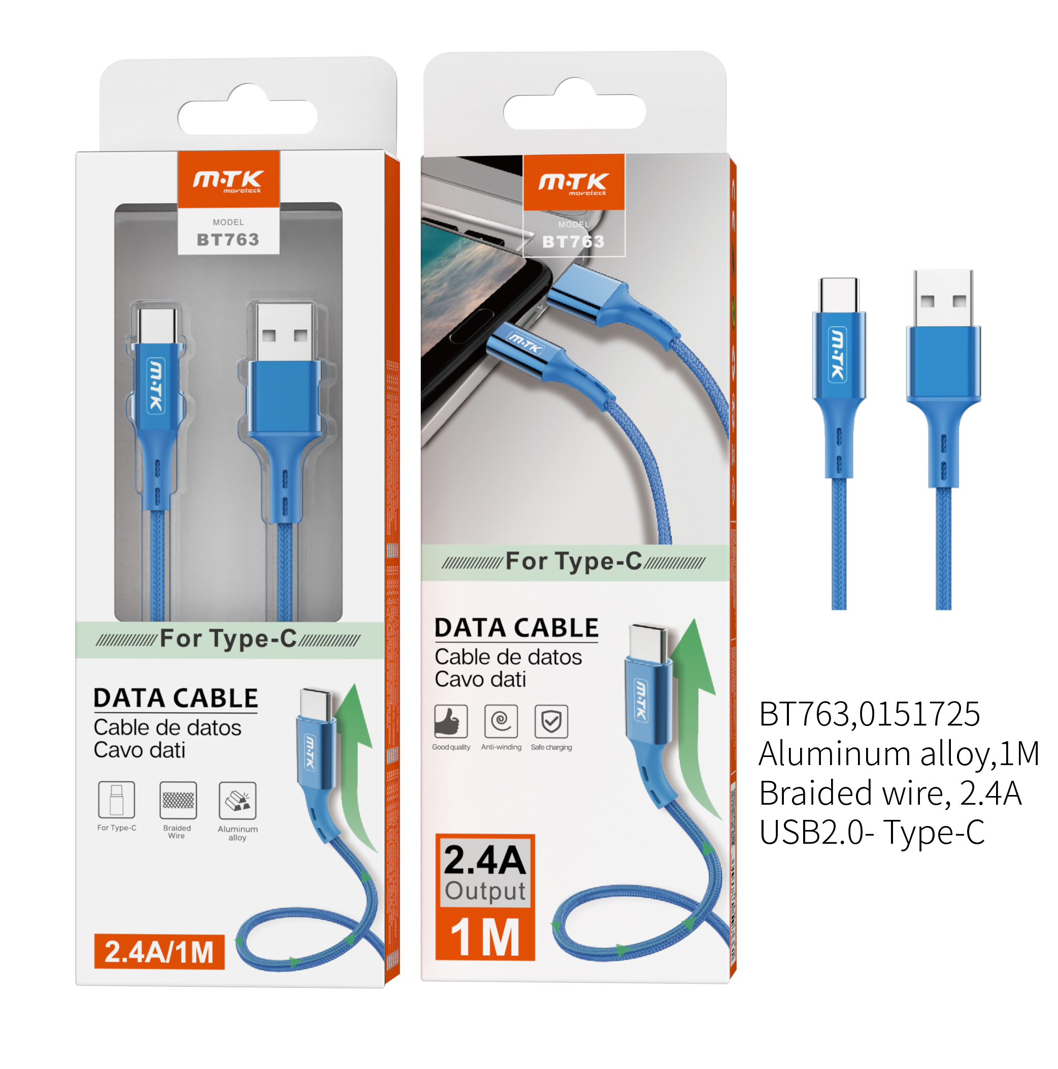 BT763 AZ  Cable de Datos  Aluminio Flat para Type C, 2A  1M , Azul