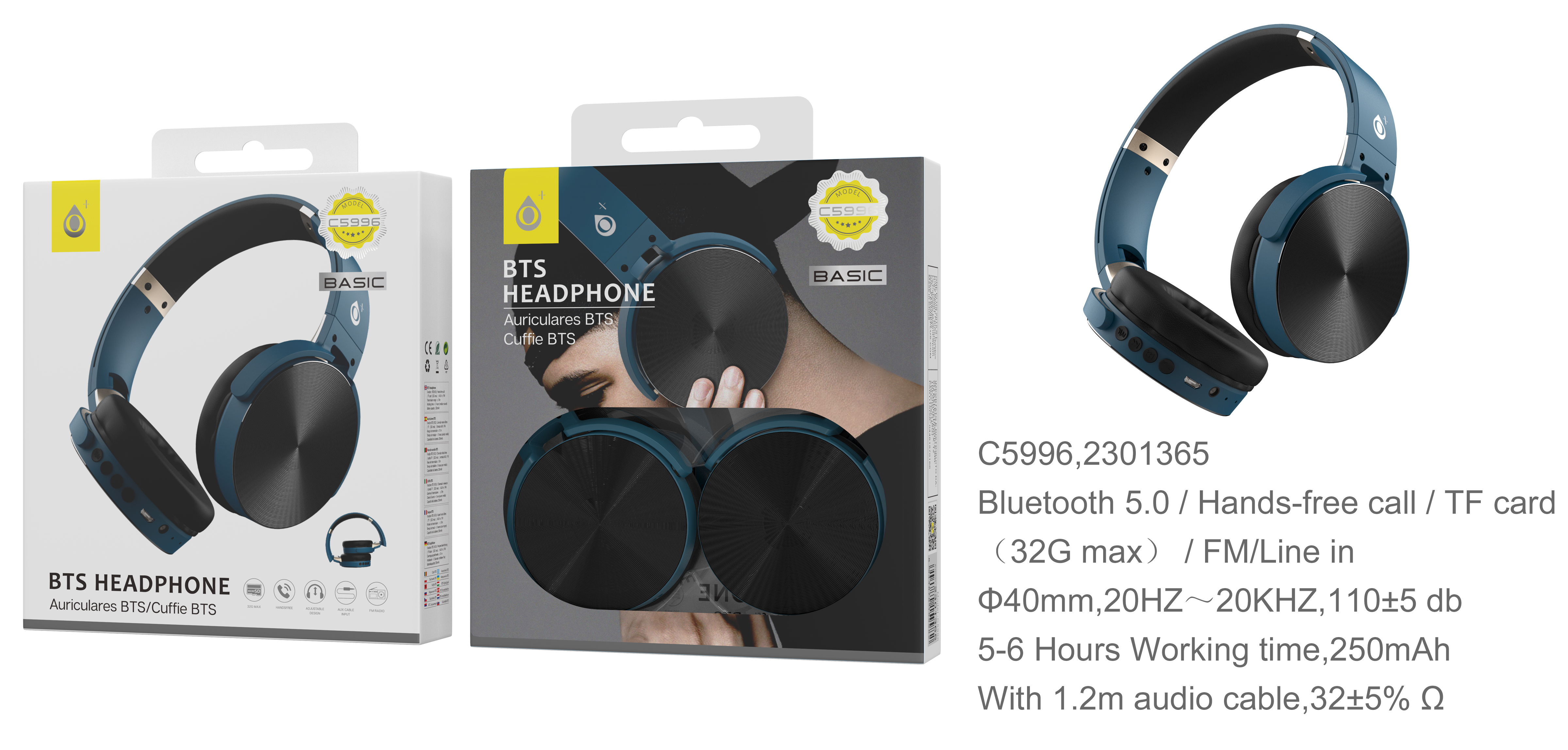 C5996 AZ Auriculares Casco S.Basic Bluetooth Pregable Lepux ,FM/TF/Audio,Azul