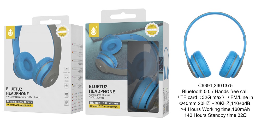 C6391 NE AZ  Auriculares Bluetooth con microfono y control de volumen , Negro  Azul