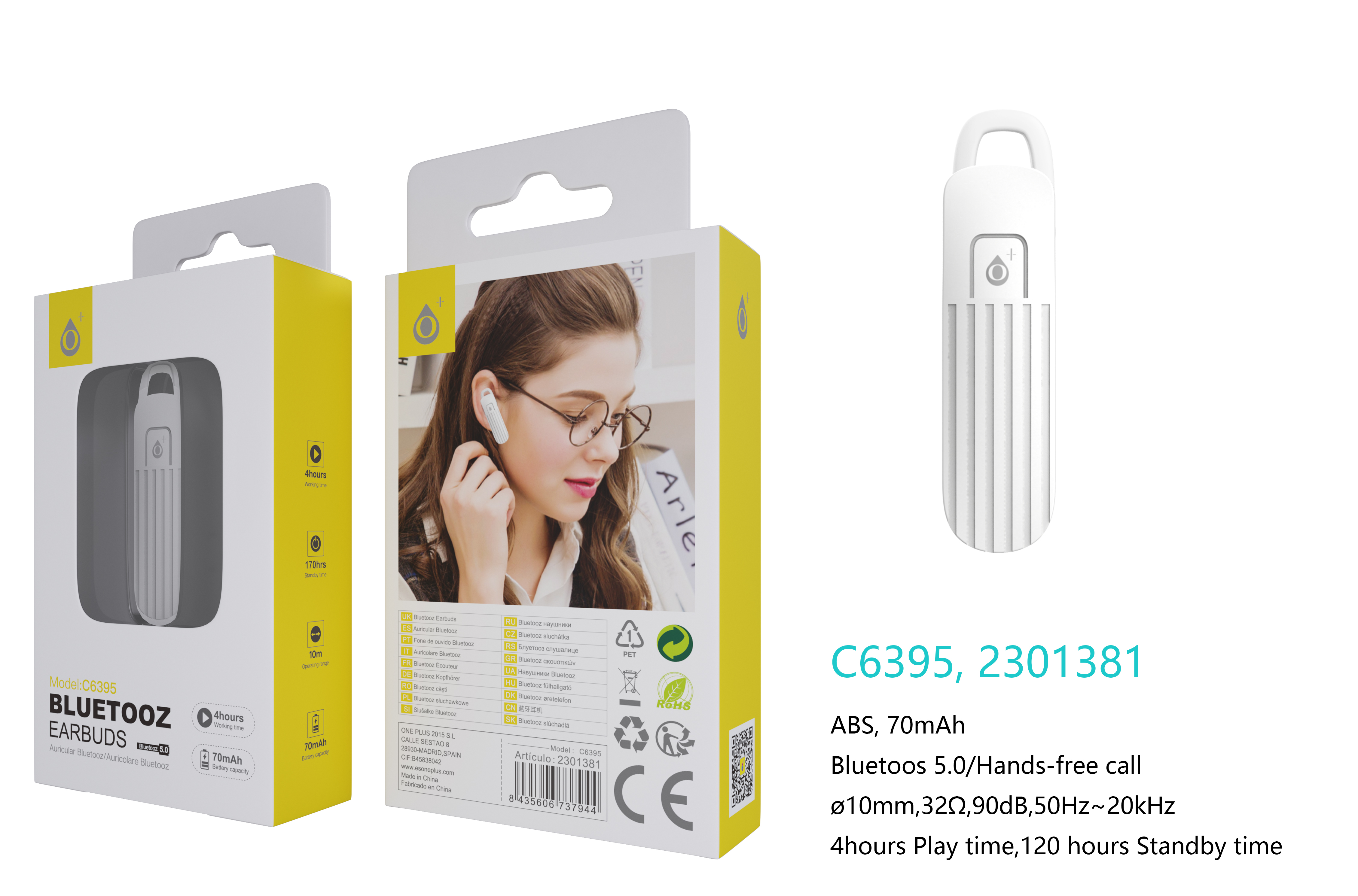 C6395 BL Auricular Bluetooth Ranur para 2 dispositivos BTS con función Rellamada, BTS 5.0 70mAh, uso para 4 horas, Blanco