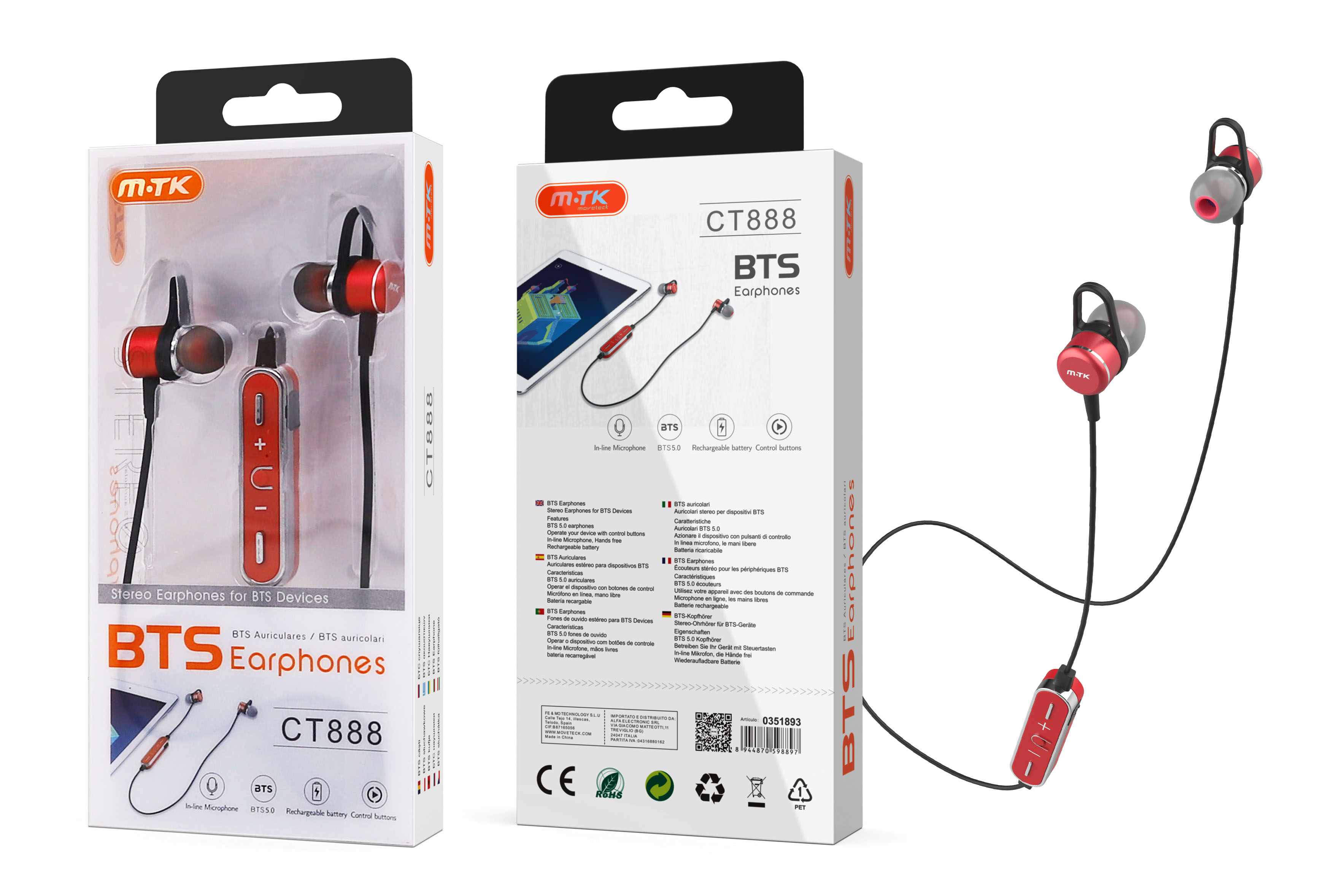 CT888 RJ Auriculares Metal Bluetooth Grimer con botón multifuncional y micrófono, BTS 5.0 función rellamada ,Rojo