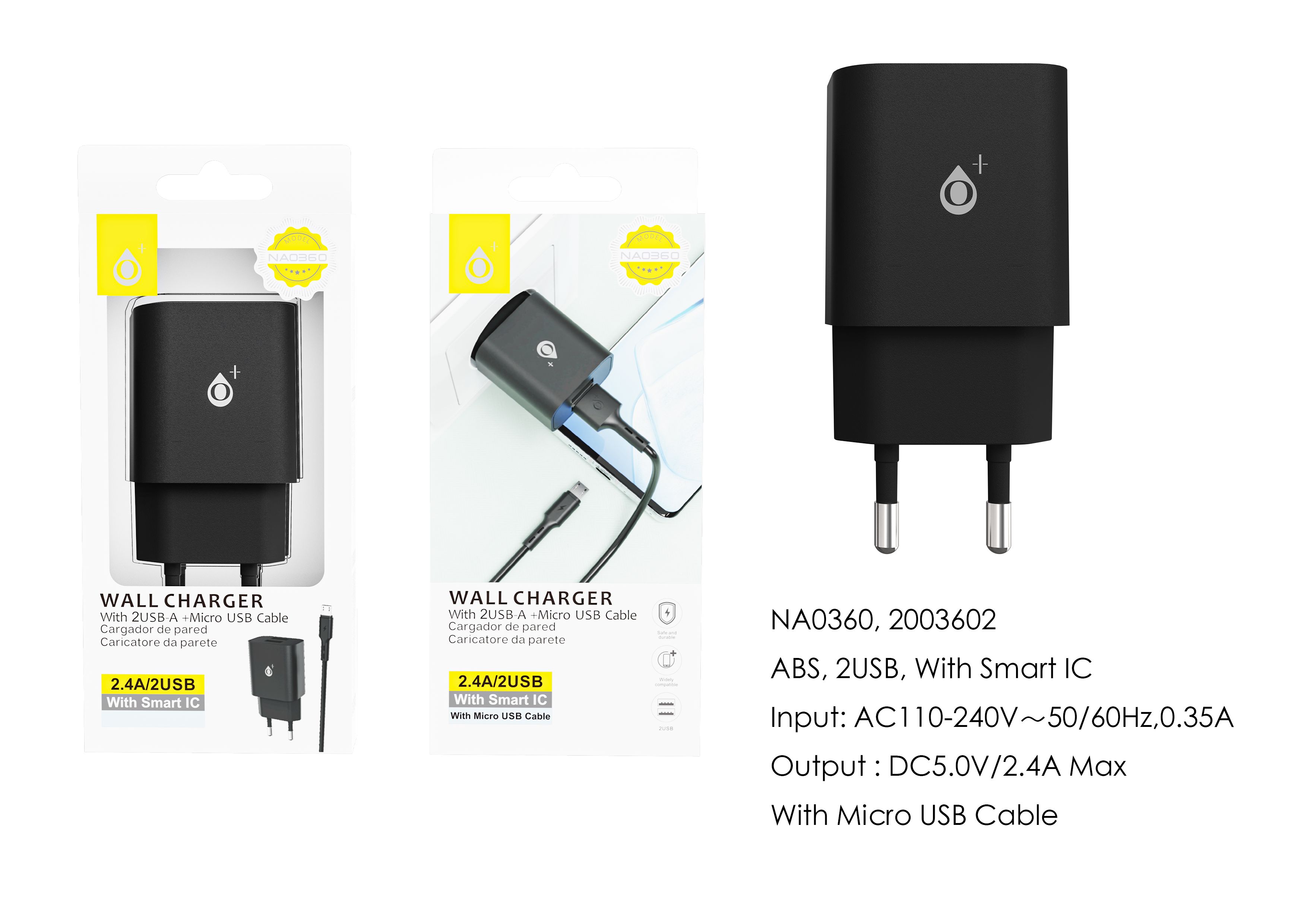 NA0360 NE Cargador de Red ELIO  Con Chip de Reconocimiento Inteligente, 2 USB Con cable Micro USB, 5