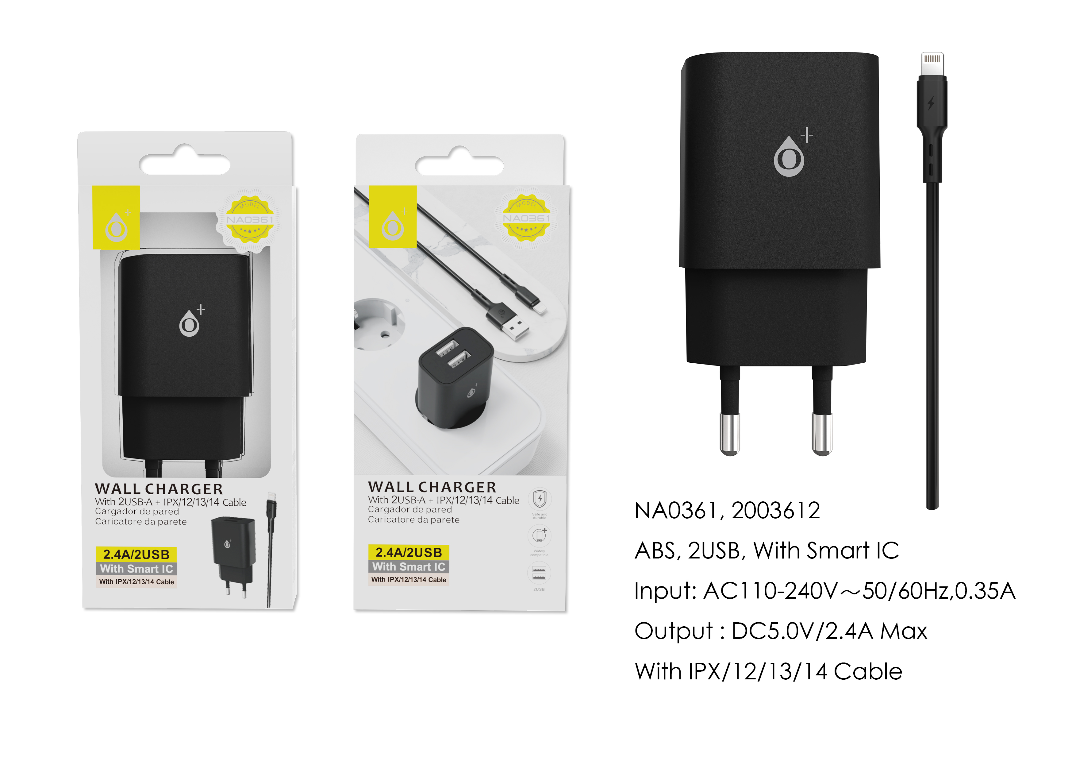 NA0361 NE Cargador de Red ELIO  Con Chip de Reconocimiento Inteligente, 2 USB Con cable Iphone 5-14
