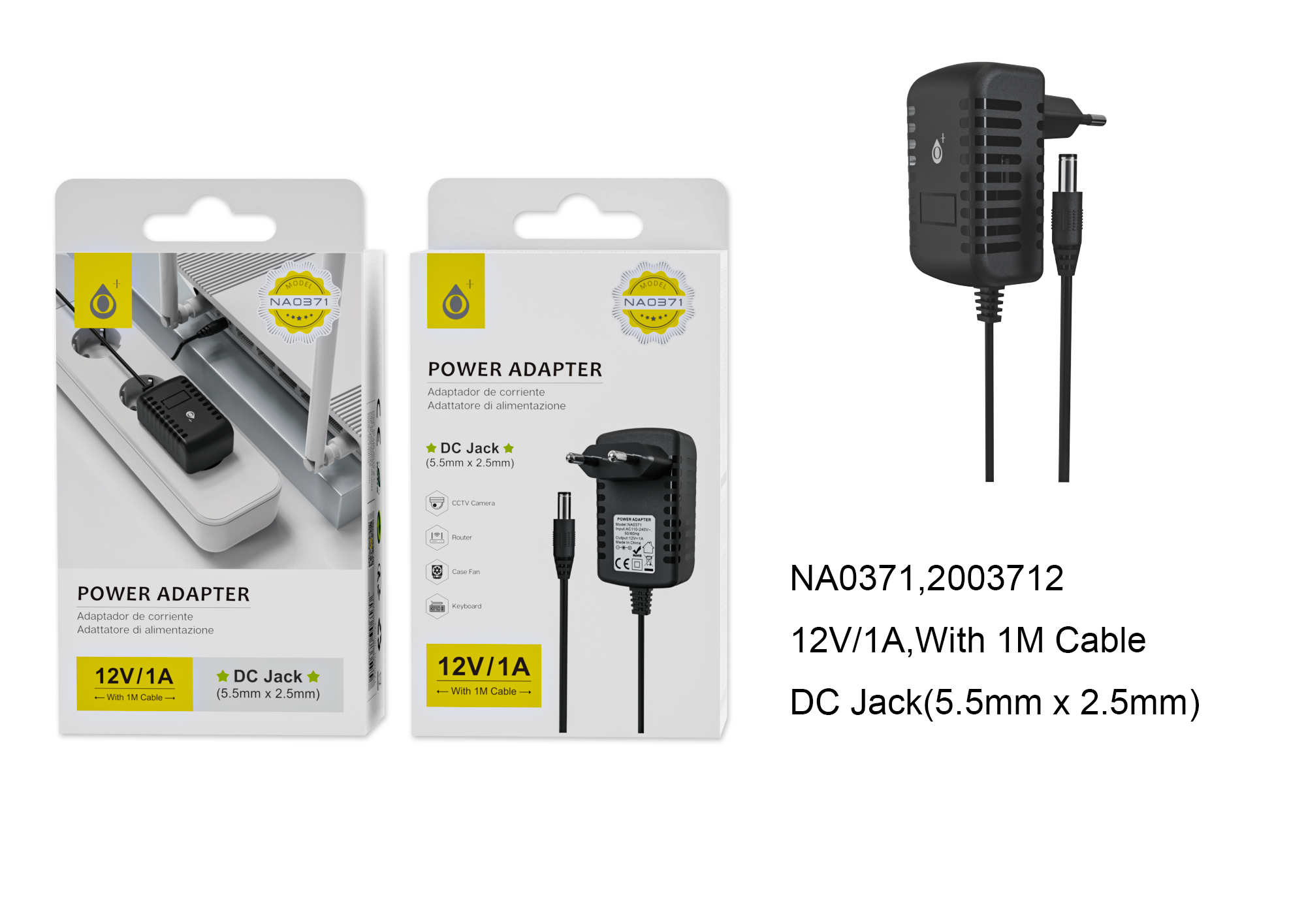 NA0371 NE Cargador Universal  con Conector Jack DC 12V/1A ( 5.5mm X 2.5mm) 1M, Negro