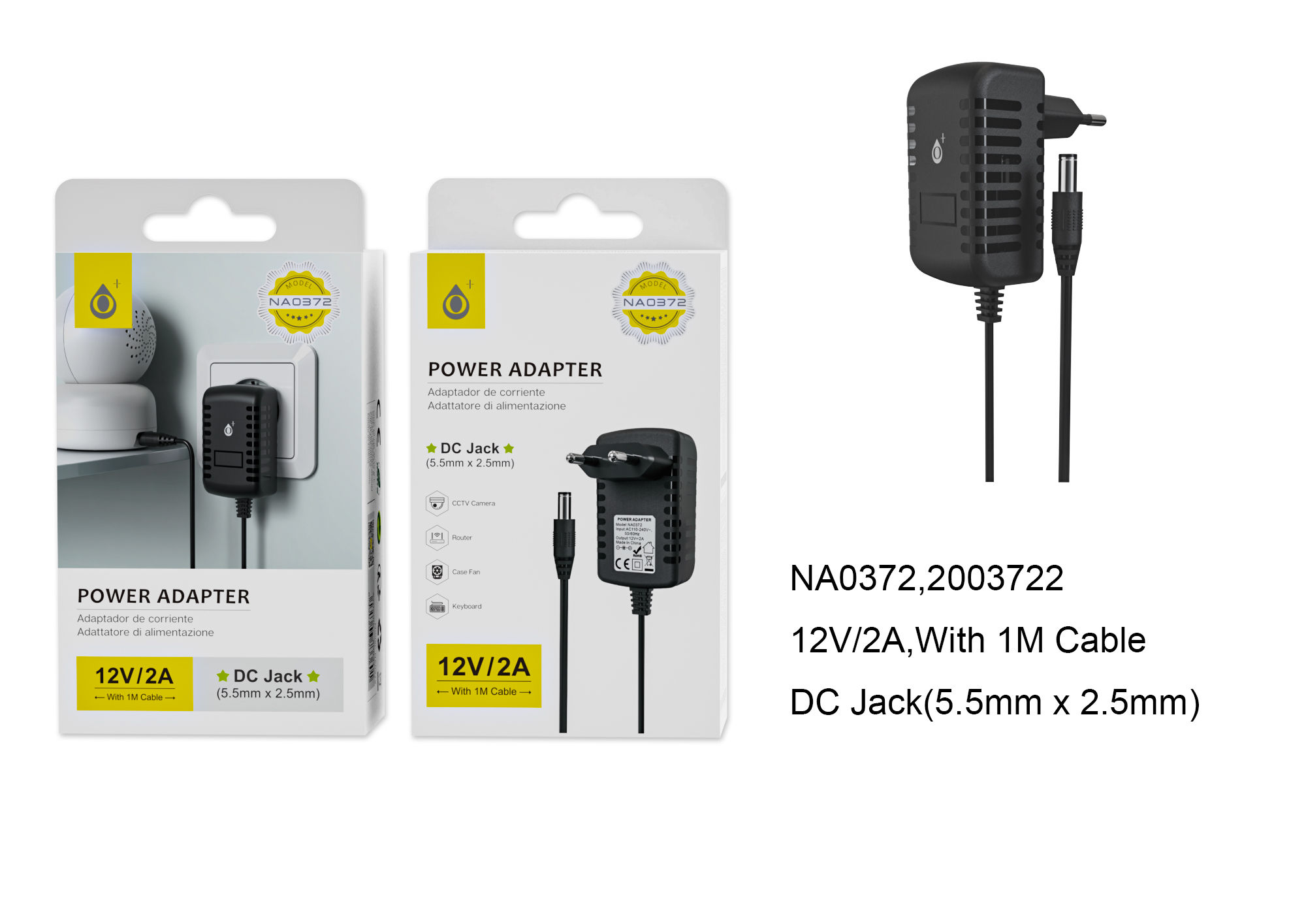 NA0372 NE Cargador Universal  con Conector Jack DC 12V/2A ( 5.5mm X 2.5mm) 1M, Negro