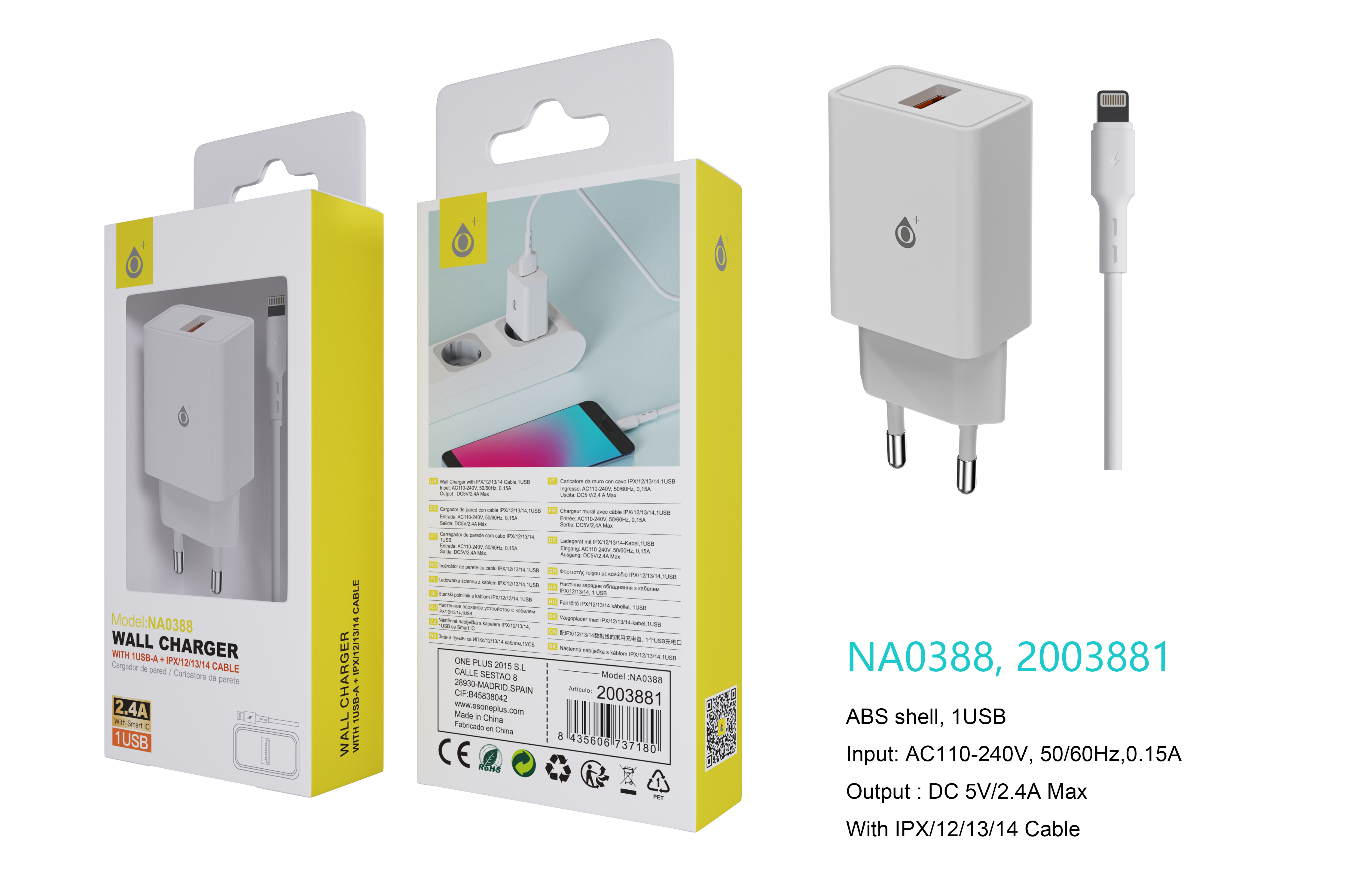 NA0388 BL Cargador de Red KAI 1 USB Con Smart Chip, Con Cable Iphone 5-14, 2.4A, Blanco
