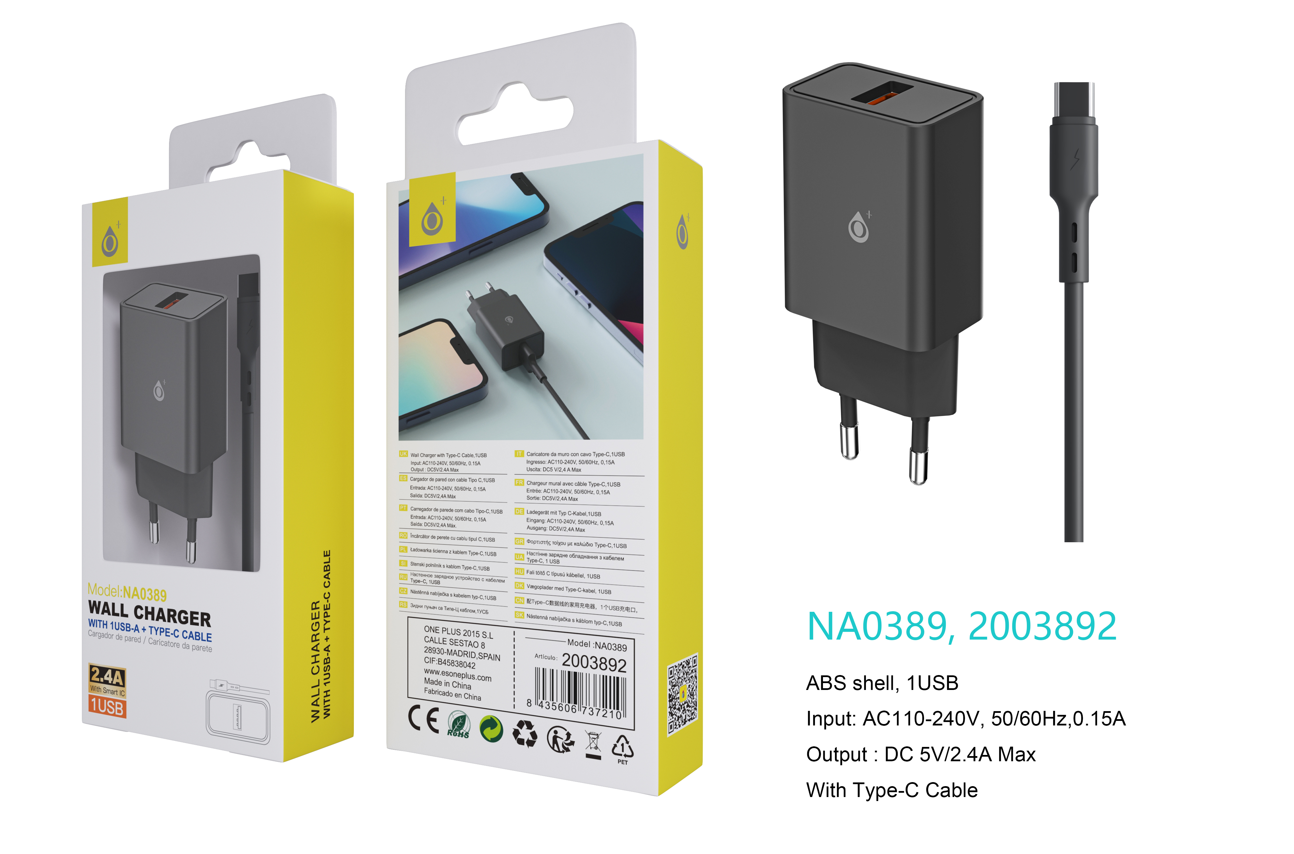 NA0389 NE Cargador de Red KAI 1 USB Con Smart Chip, Con Cable Type-C, 2.4A, Negro