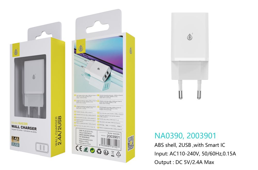 NA0390 BL Cargador de Red KAI 2 USB Con Smart Chip, Sin Cable , 2.4A, Blanco
