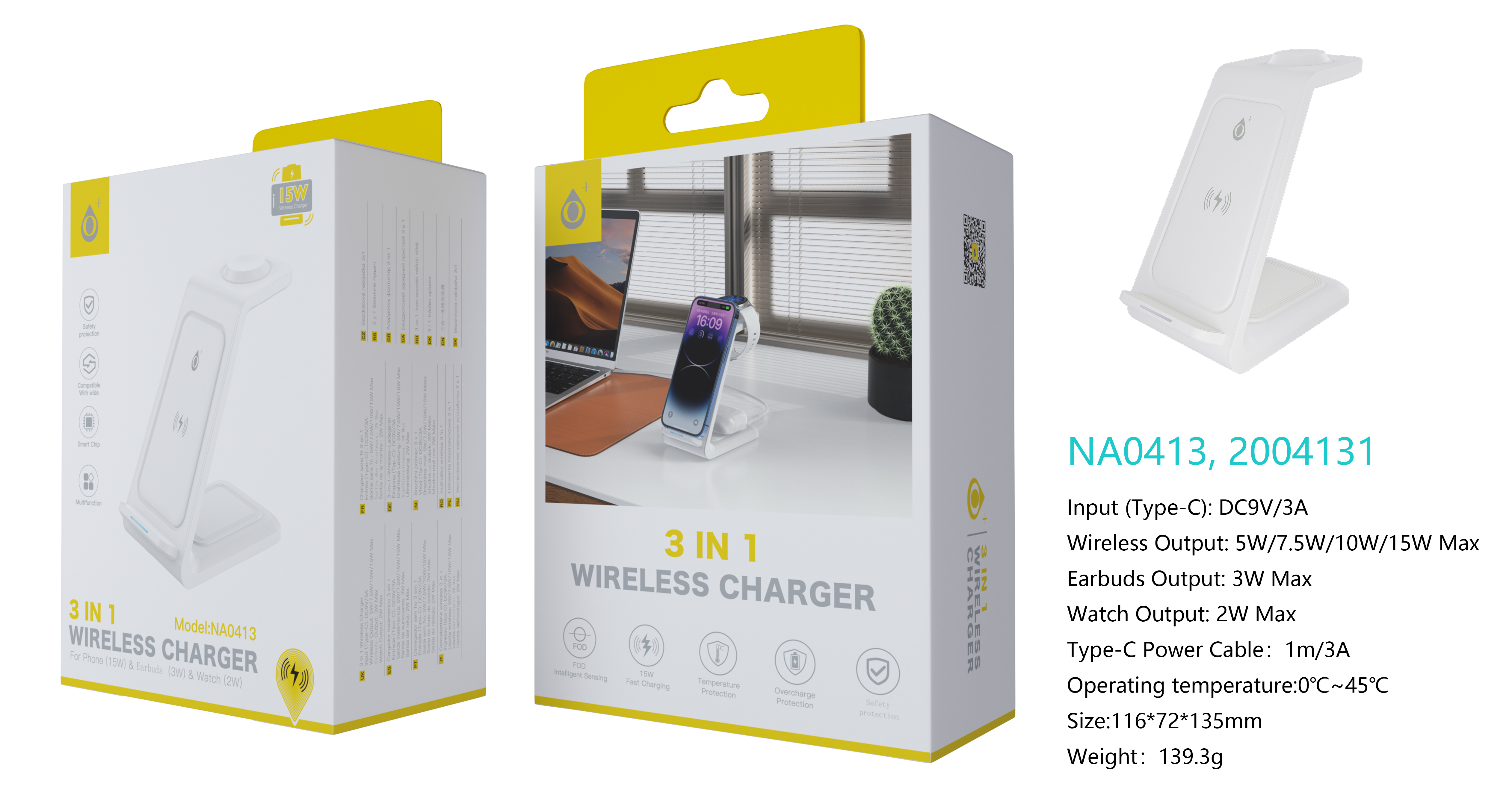 NA0413 BL Cargador Inalambrico 3 en 1(Movil 15W/AirPods 3W/Iwatch 2W), Con Cable Type-C 3A/1M, Blanco