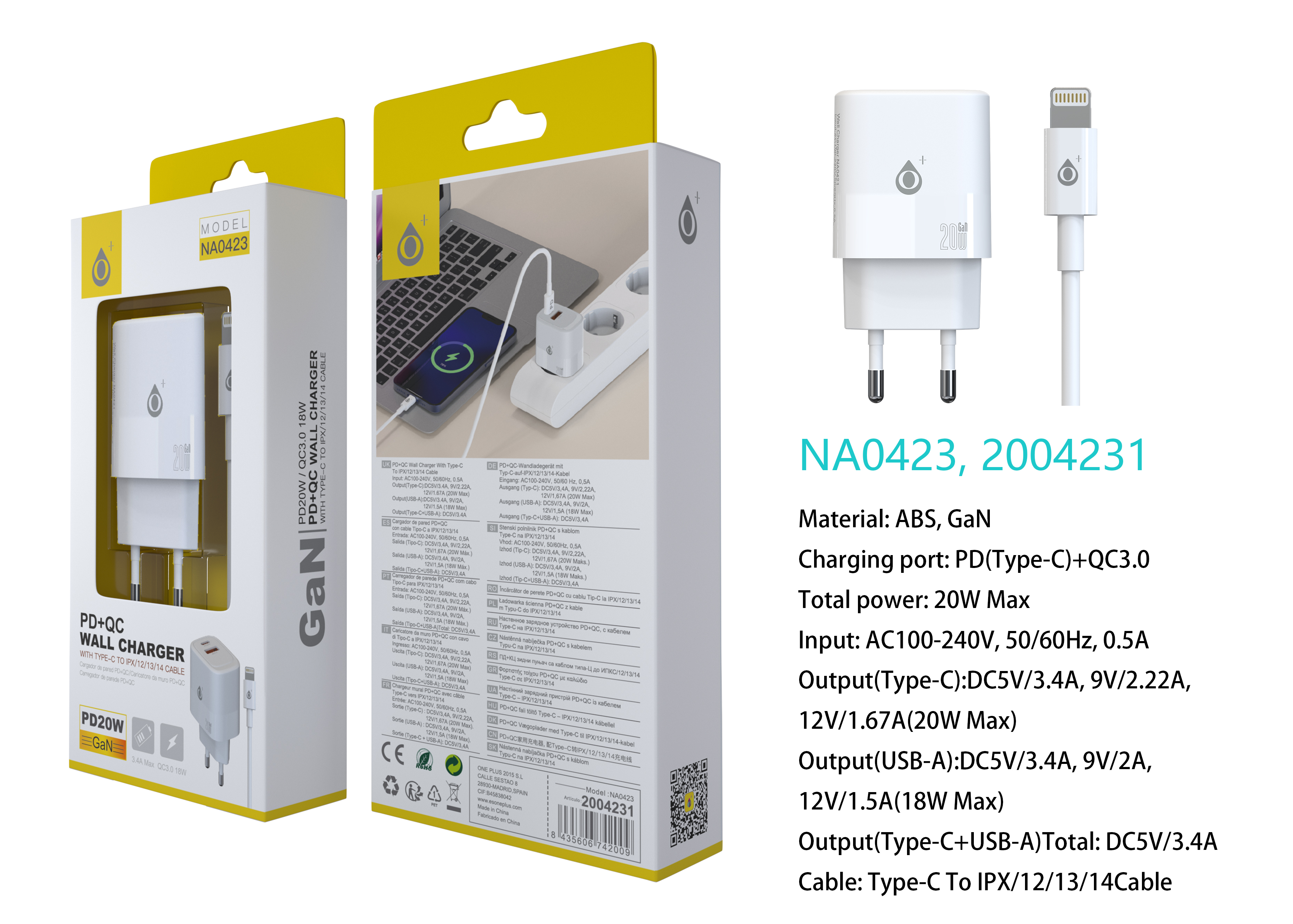 NA0423 BL Cargador GaN de Red Rapida Fort, 2 puerto USB-C(20W)+USB-A QC3.0(18W), Con Cable Type-C a