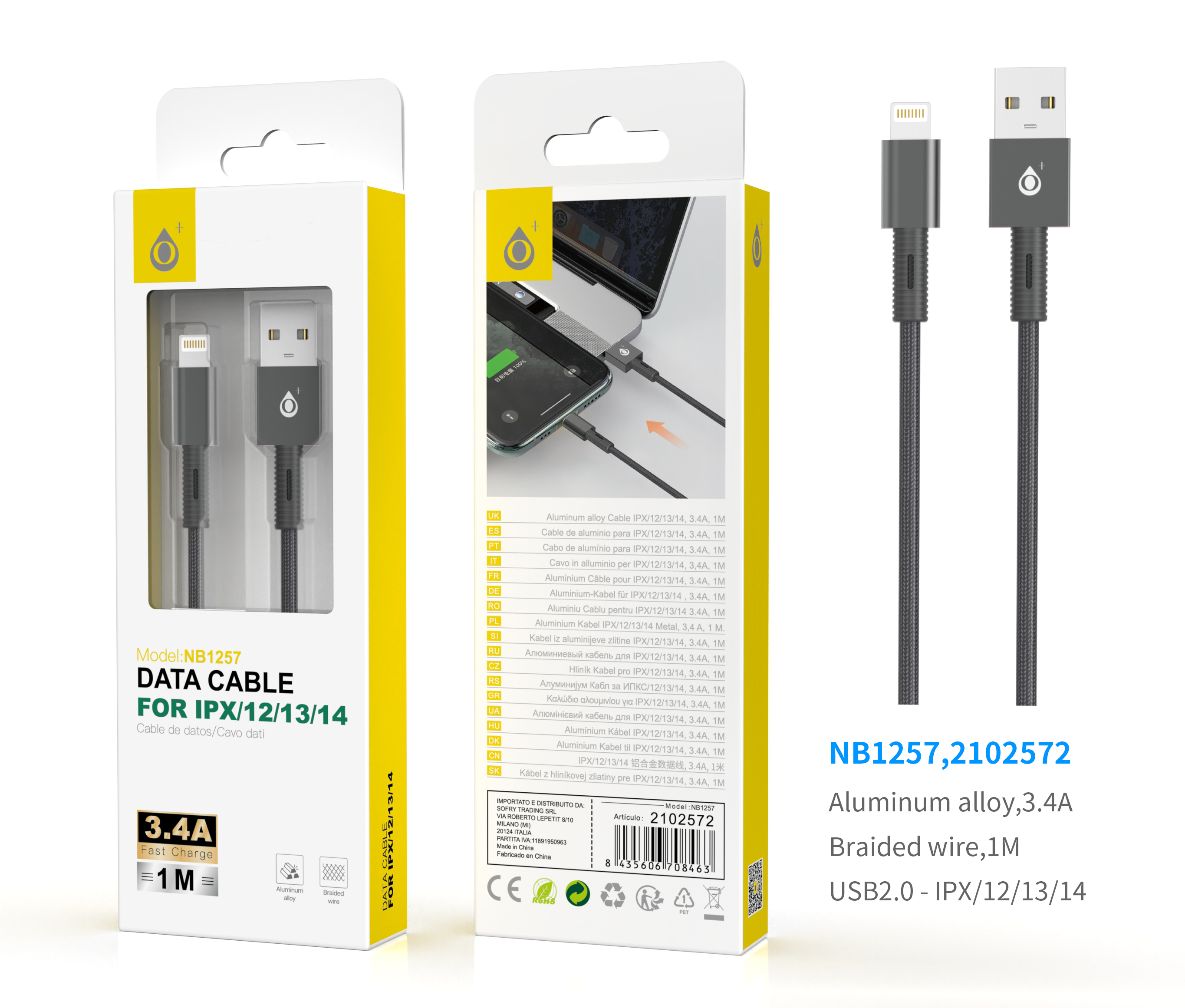 NB1257 NE Cable de Datos trenzado Thor para IP 5-12, 1M 3.4A, Negro