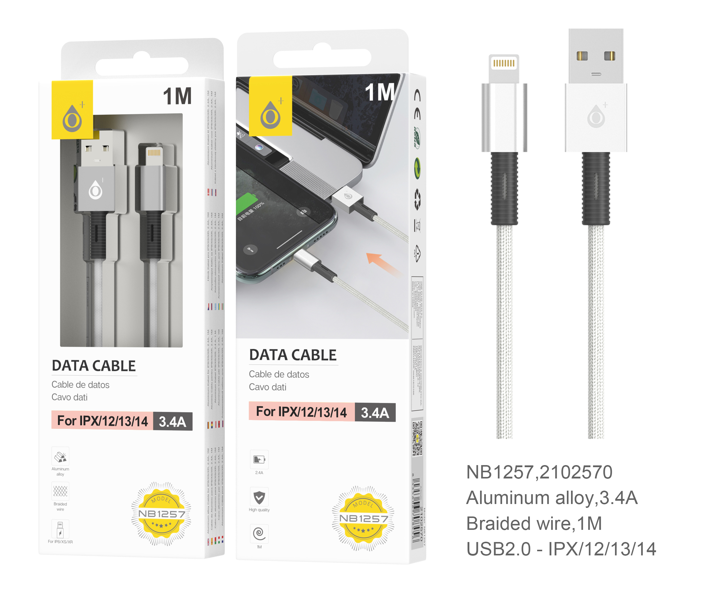 NB1257 PL Cable de Datos trenzado Thor para IP 5-12, 1M 3.4A, Plata