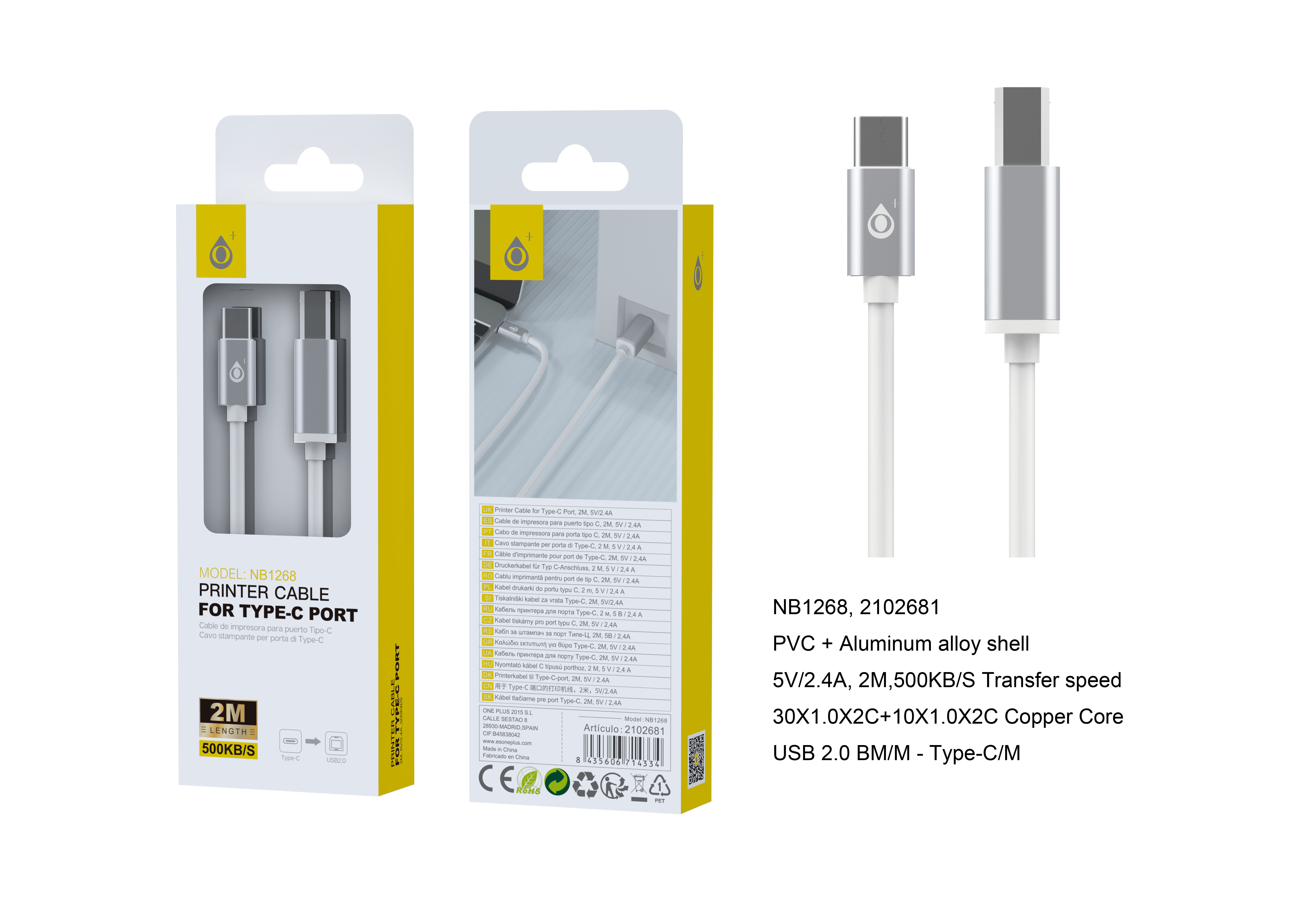 NB1268 BL Cable de Impresora Aluminio para Puerto Tipo-C a USB 2.0,500KB/S velocidad transferencia, Cable 2M, Blanco