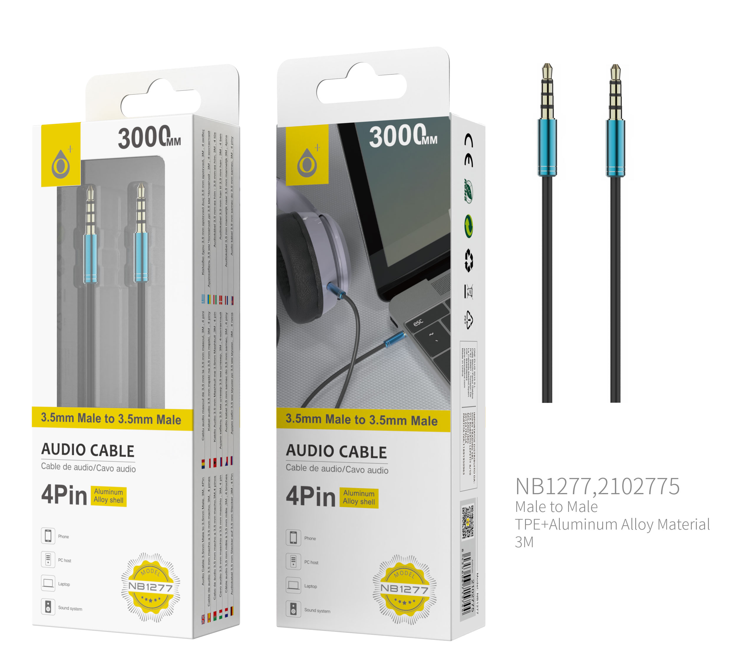 NB1277 AZ Cable de Audio Fox de Aluminio de 3.5mm a 3.5mm Macho a Macho, 4Pin, Longitud 3 M, Azul