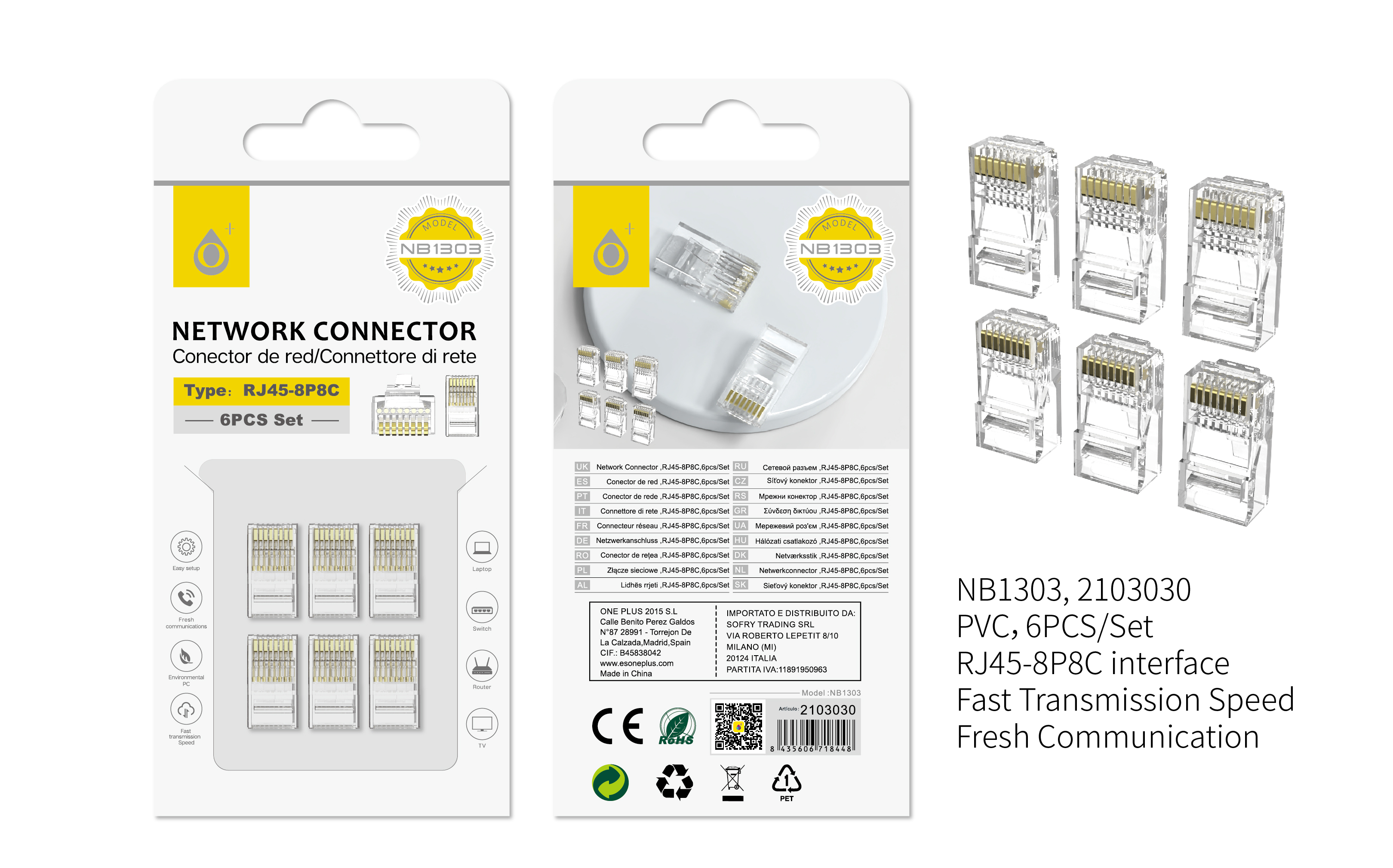 NB1303 TR Conectores RJ45 8P8C para Ethernet 6pcs,Transparente
