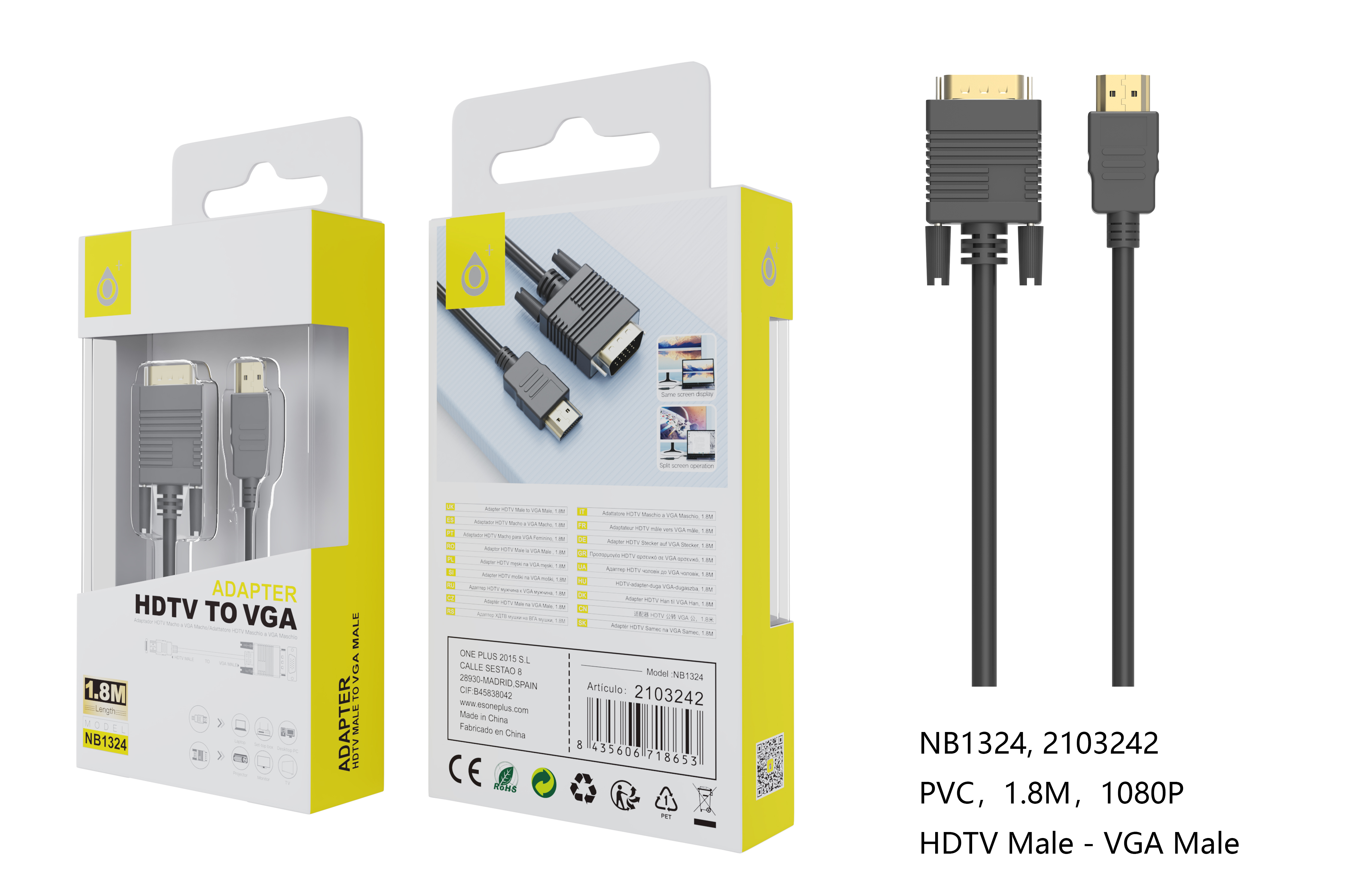 NB1324 NE Cable de HDMI a VGA 1.8M,Negro