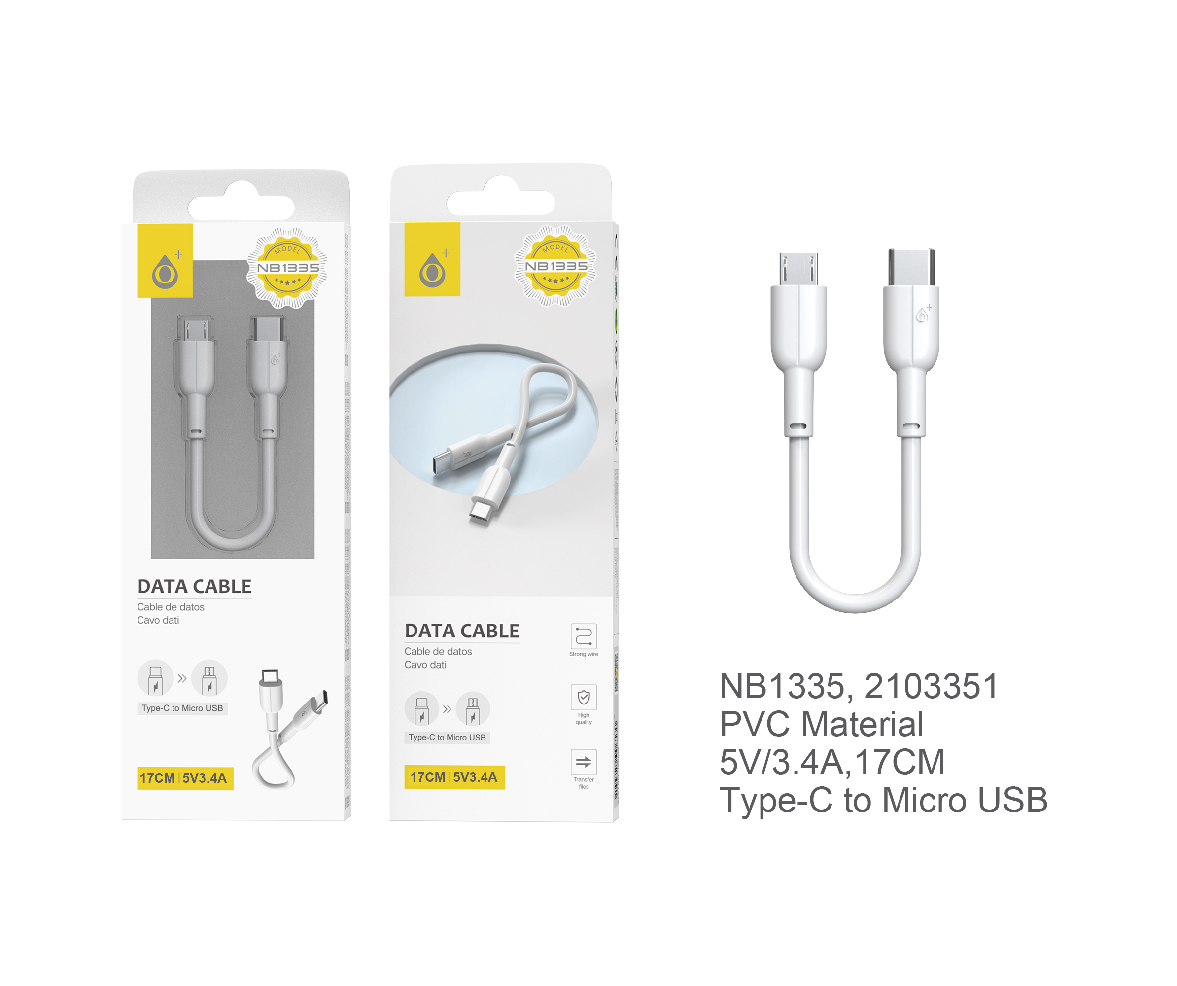 NB1335 BL Mini Cable de Datos para Type-C a Micro USB,  5V/3A Longitud 0.17CM, Blanco