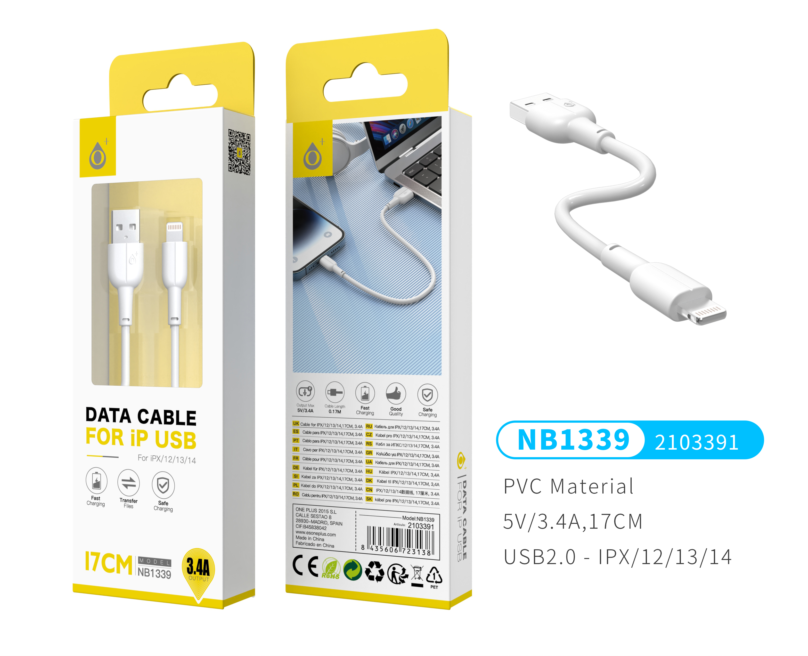 NB1339 BL  Mini Cable de Datos para  IP 5 -13  , 5/3.4A con Longitud 0.17CM, Blanco