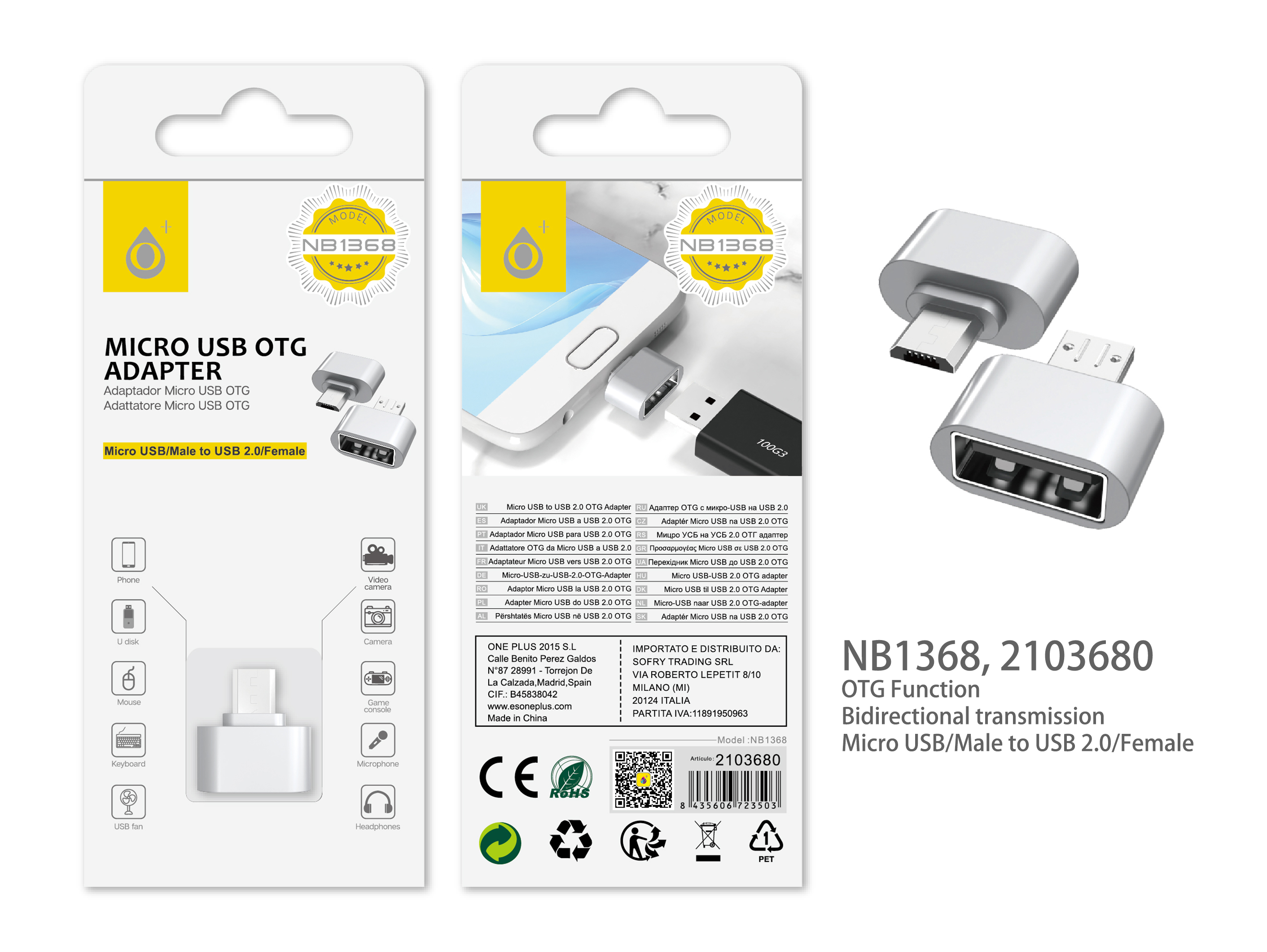 NB1368 PT Adaptador OTG, Micro USB a USB 2.0 ,Plata