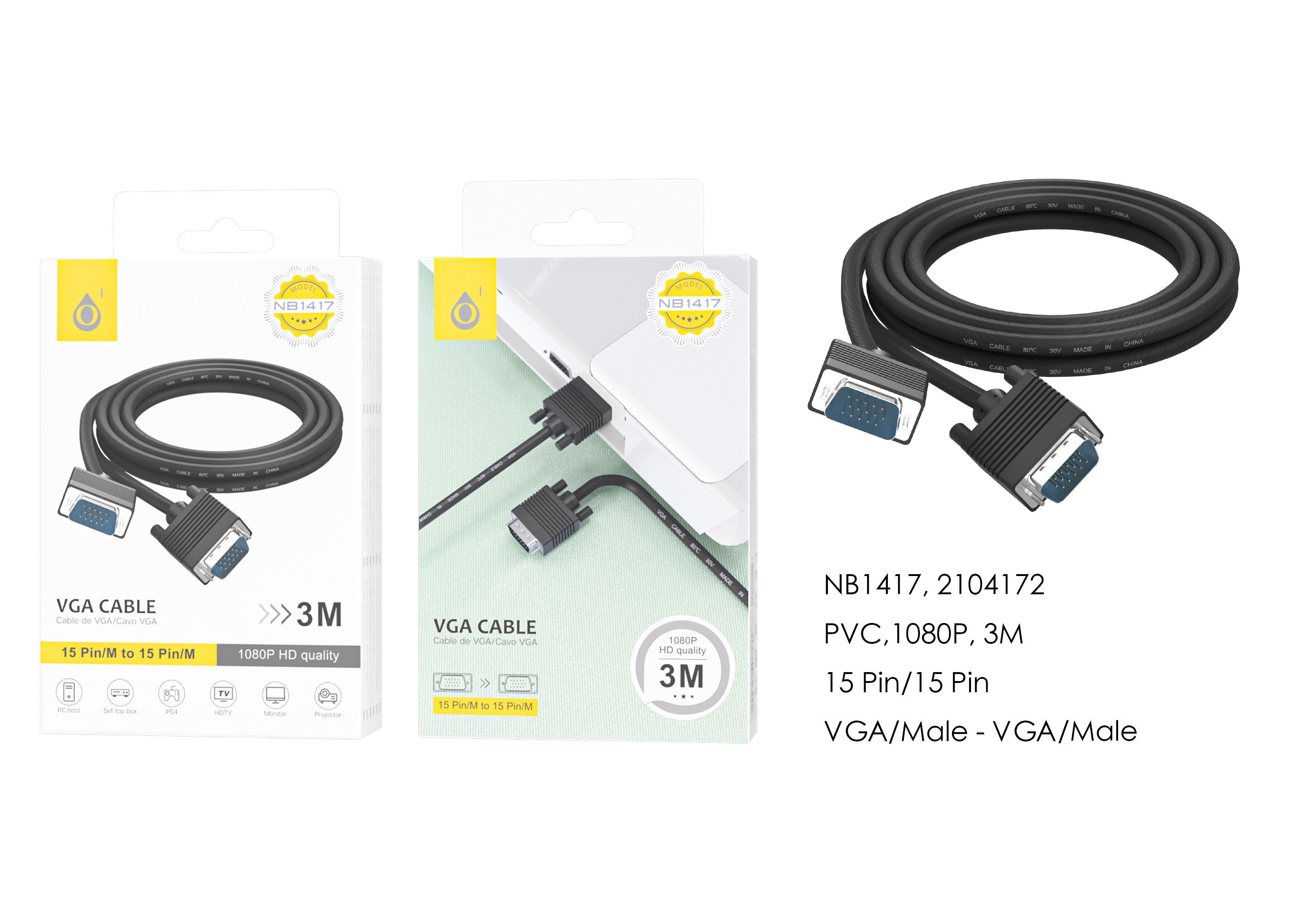 NB1417 NE Cable VGA (Macho-Macho)1080P,Cable 3m,Negro