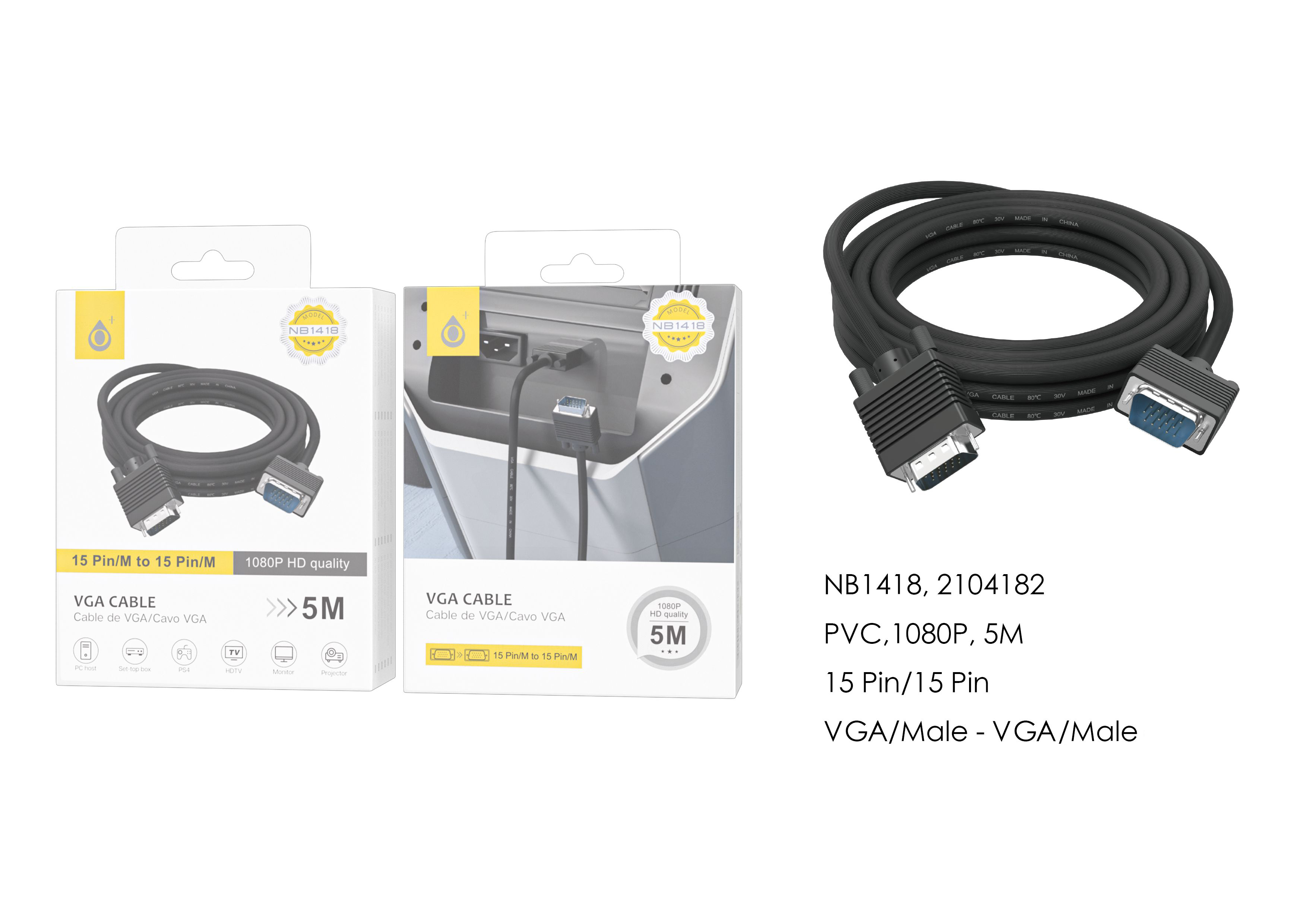 NB1418 NE Cable VGA (Macho-Macho)1080P,Cable 5m,Negro