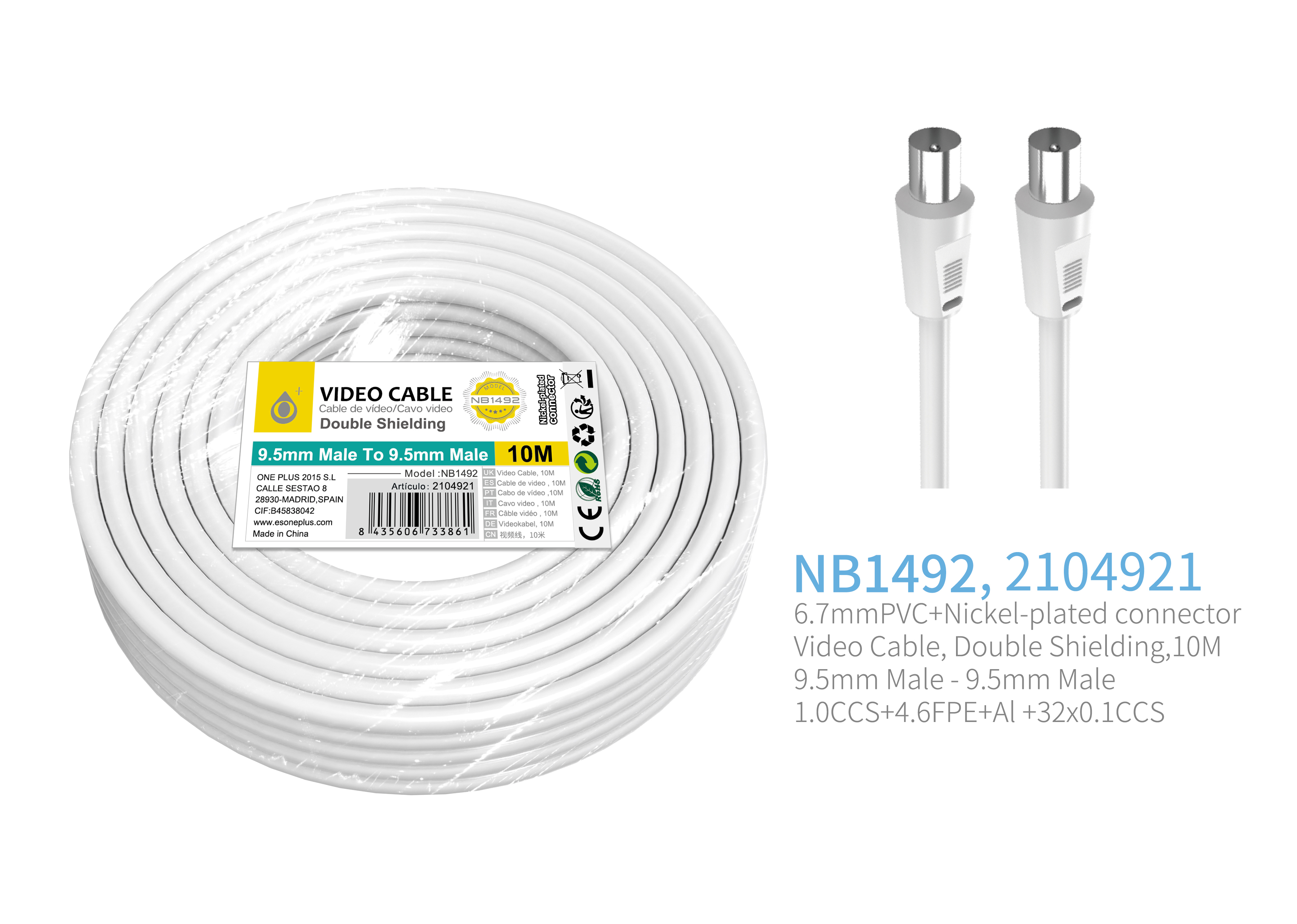 NB1492  Cable de Video(Coaxial) Conector  9.5mm banado en niquel Macho a Macho , doble blindaje, 10