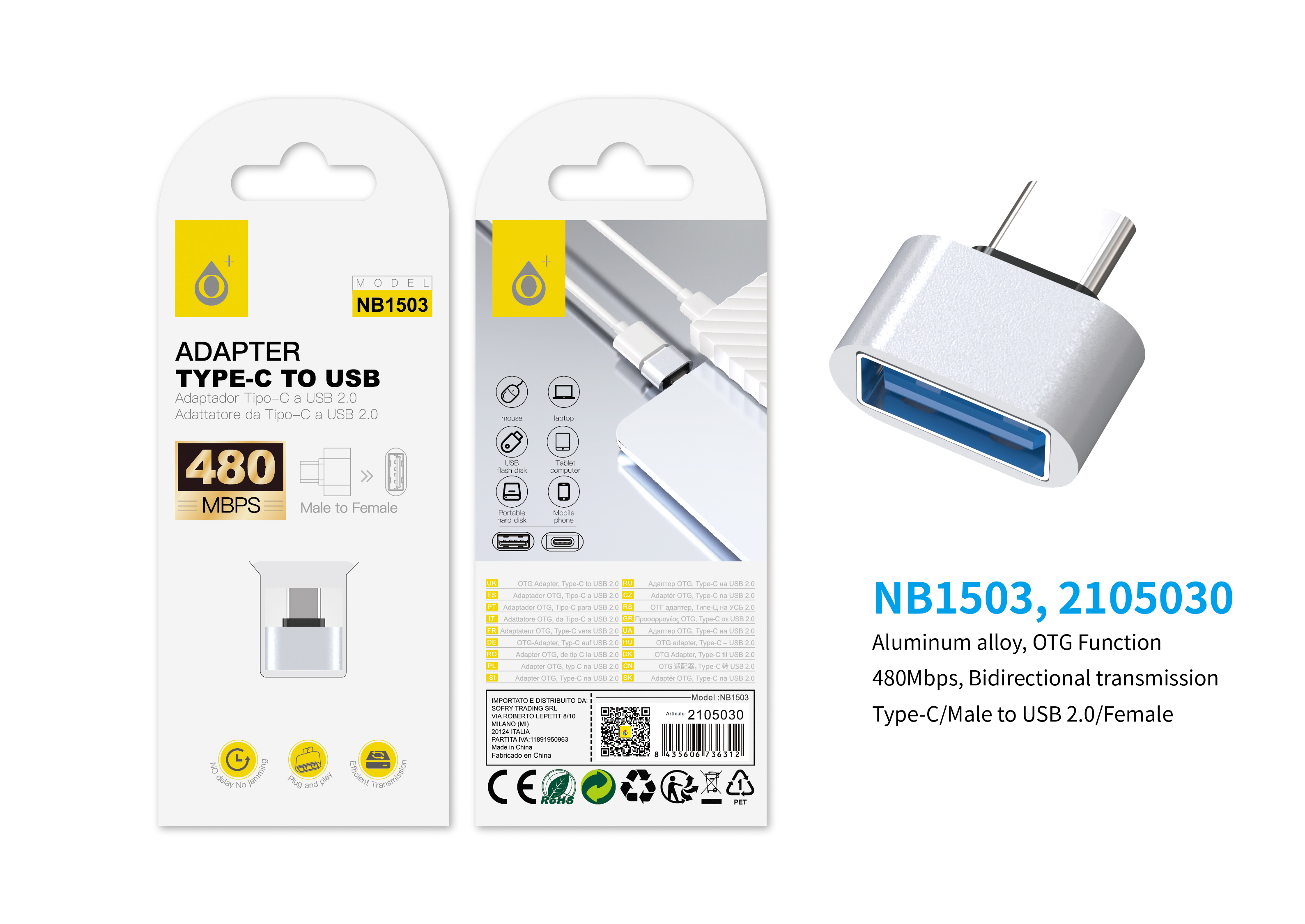 NB1503 PT Adaptador OTG USB A Type-C , 480Mbps, Plata