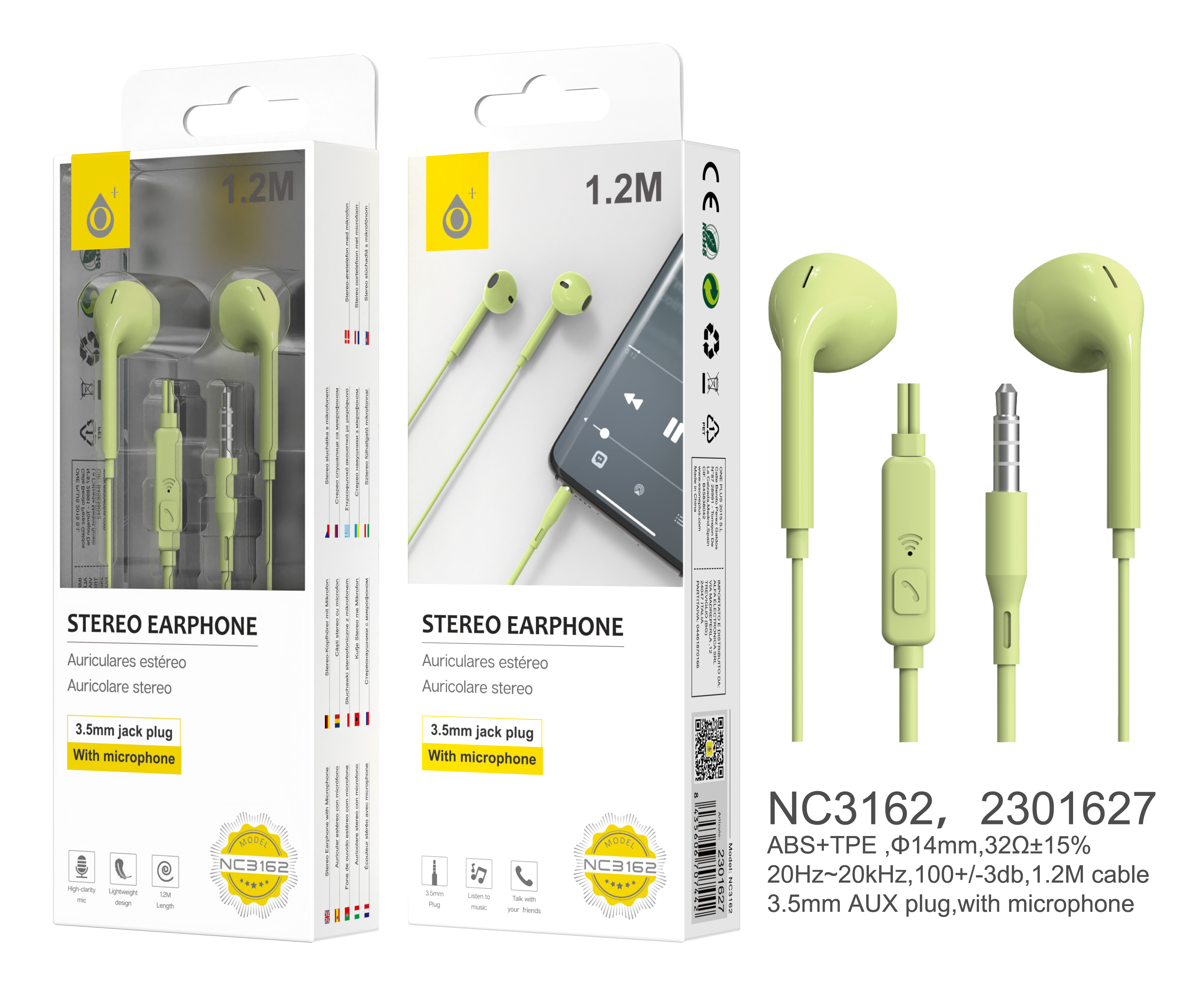 NC3162 VE Auriculares Speedy con Microfono y Boton Multifuncion, 1.2M,Verde