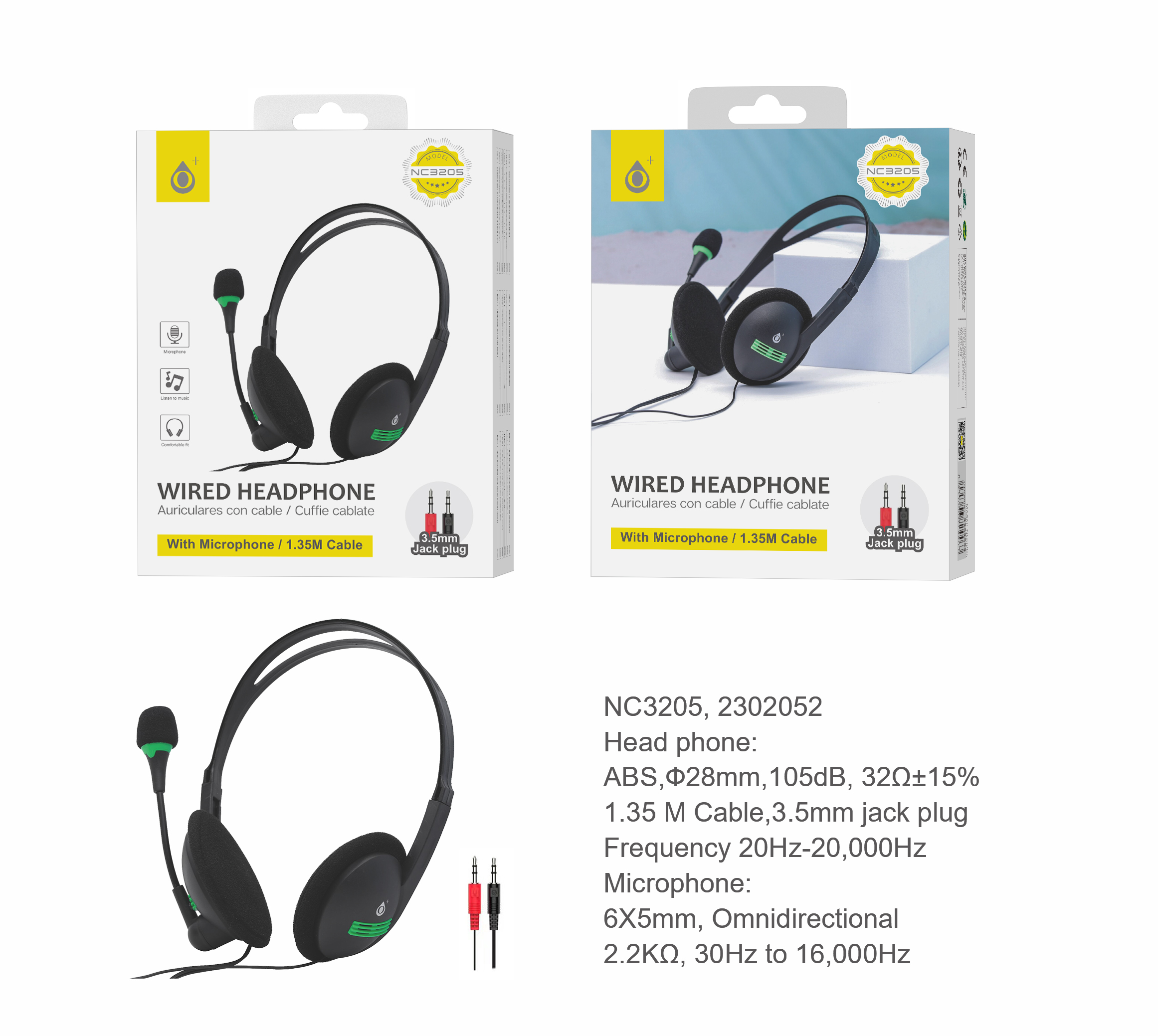 NC3204 NE  Auriculares Cascos con Cable  Protector de es 1,35M y Microfono, 3.5mm Jack Plug,