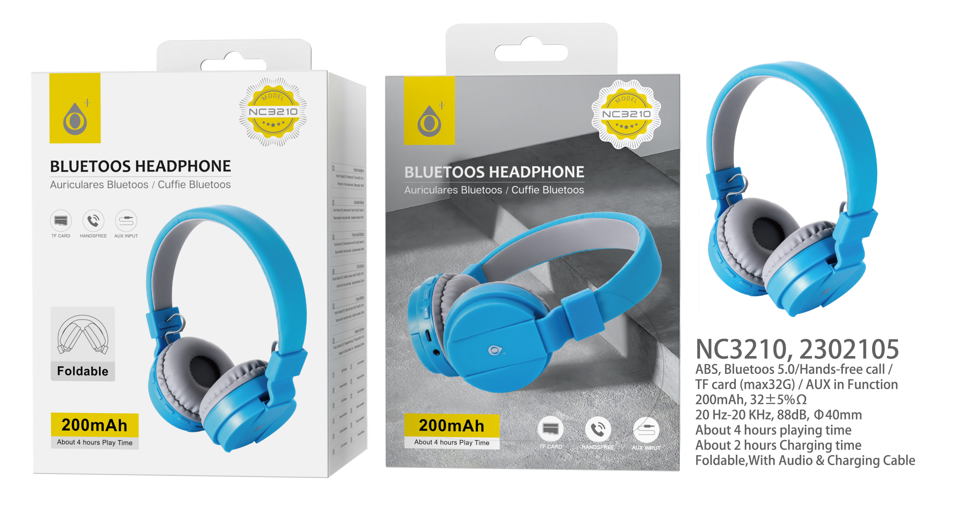NC3210 AZ Auriculares Casco  Bluetooth 5.0 Plegable, Manos libres para llamadas  , Bateria 200mAh, T