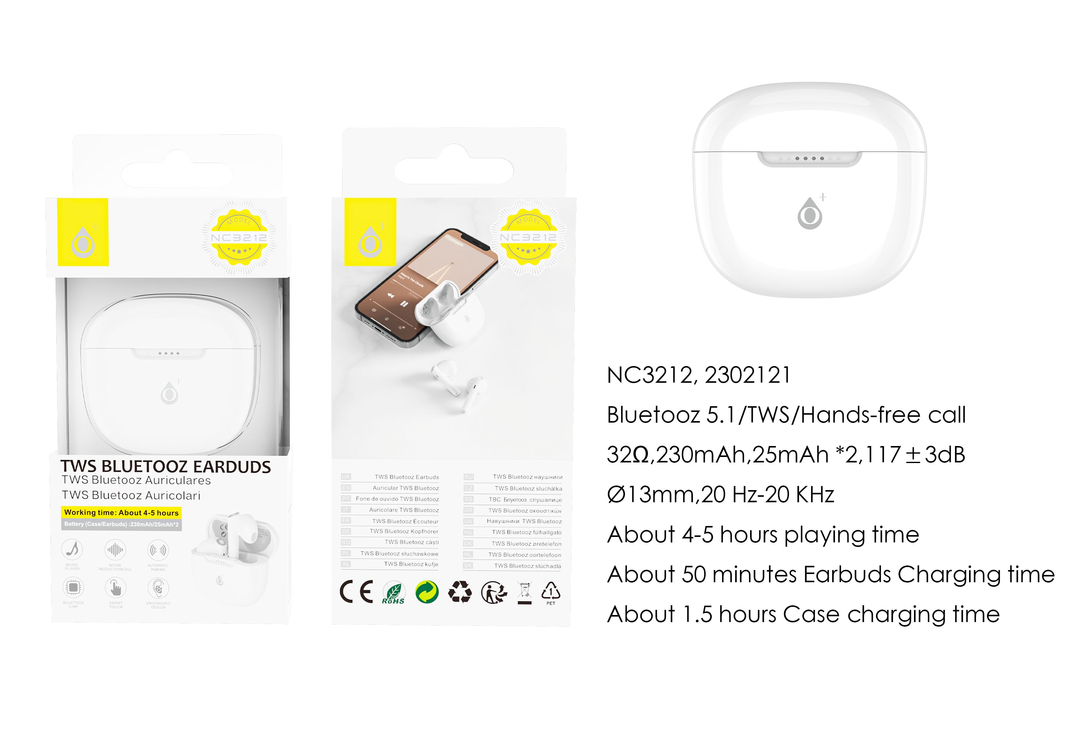 NC3212 BL  Auriculares Bluetooth TWS con mando libre, Bateria (25mAh*2)Con Estuche Recargable 230mAh