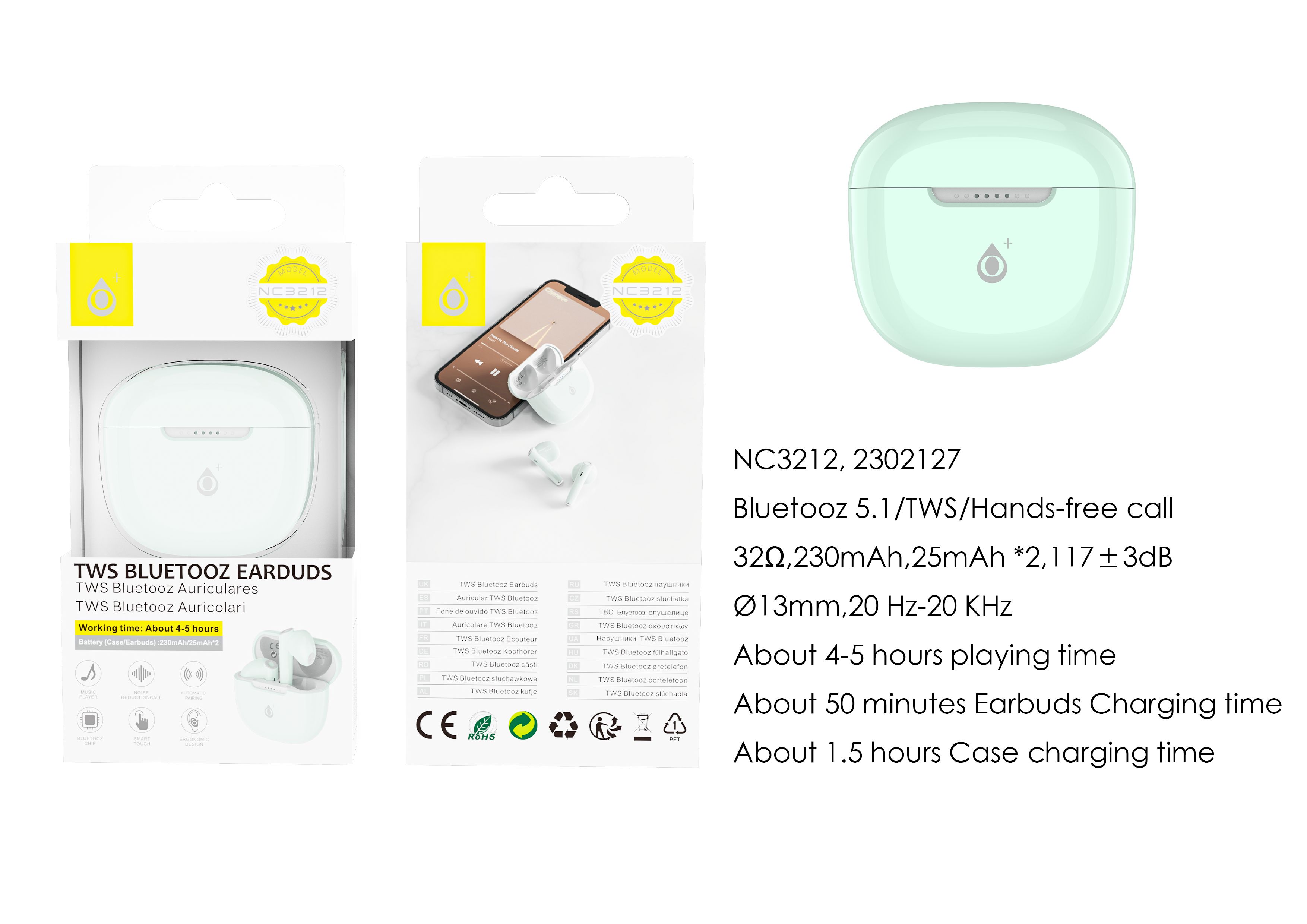 NC3212 VE  Auriculares Bluetooth TWS con mando libre, Bateria (25mAh*2)Con Estuche Recargable 230mAh