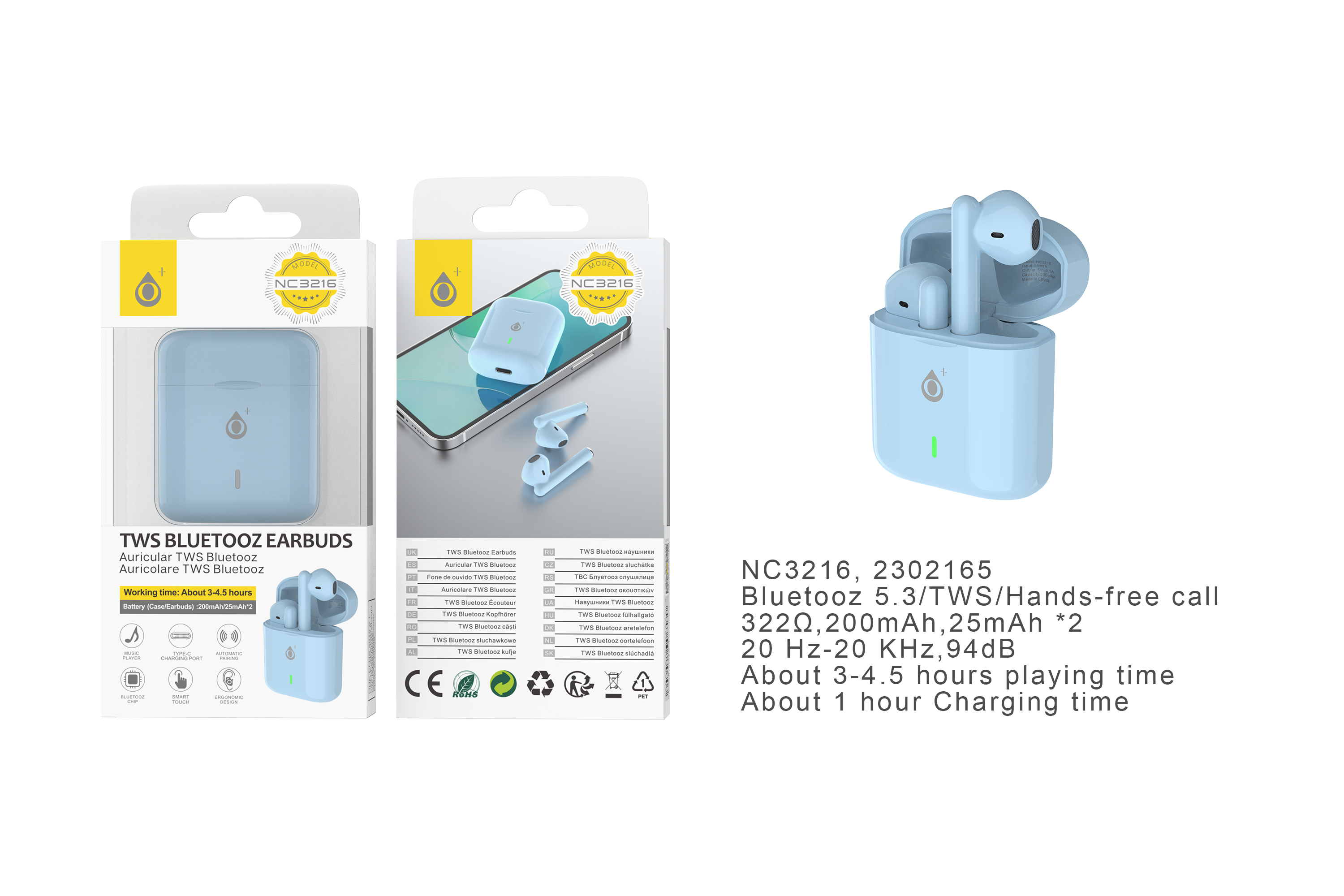 NC3216 AZ Auriculares Bluetooth TWS Carrie (25mAh*2) con estuche cargable(200mAh), Soporta mano libre, Azul