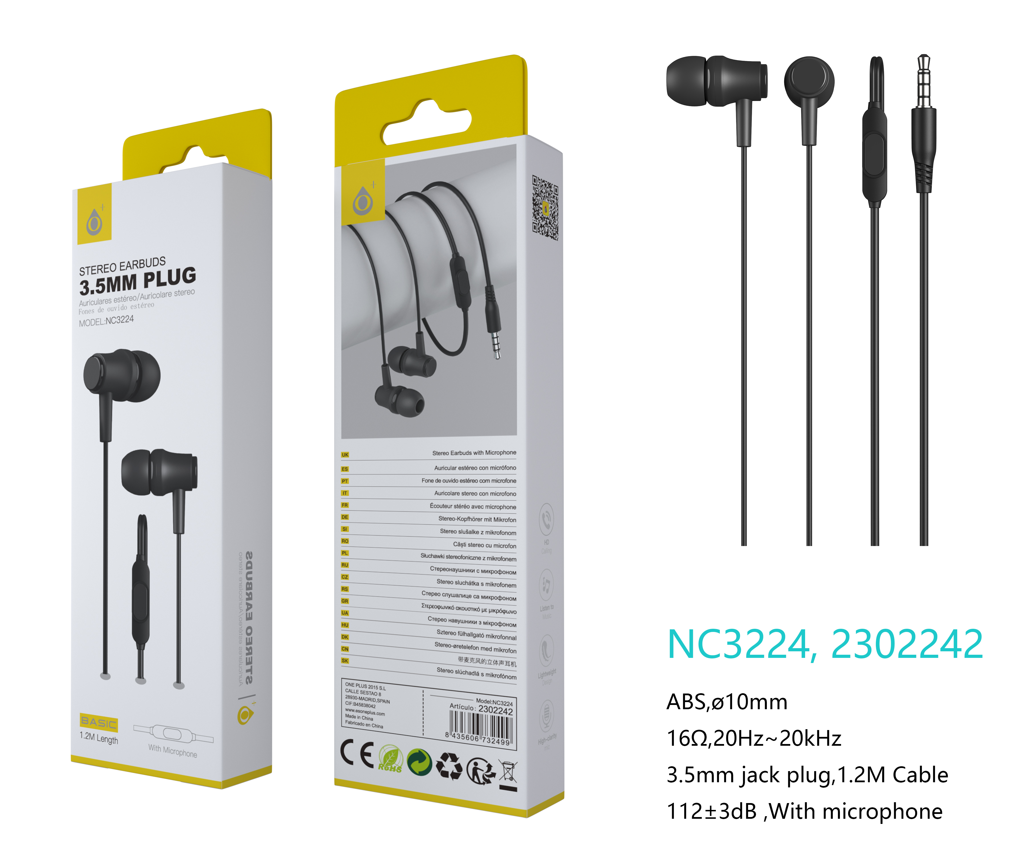 NC3224 NE Auriculares con microfono S.Basic Singh, con boton multifunciones, cable 1.2M , Negro