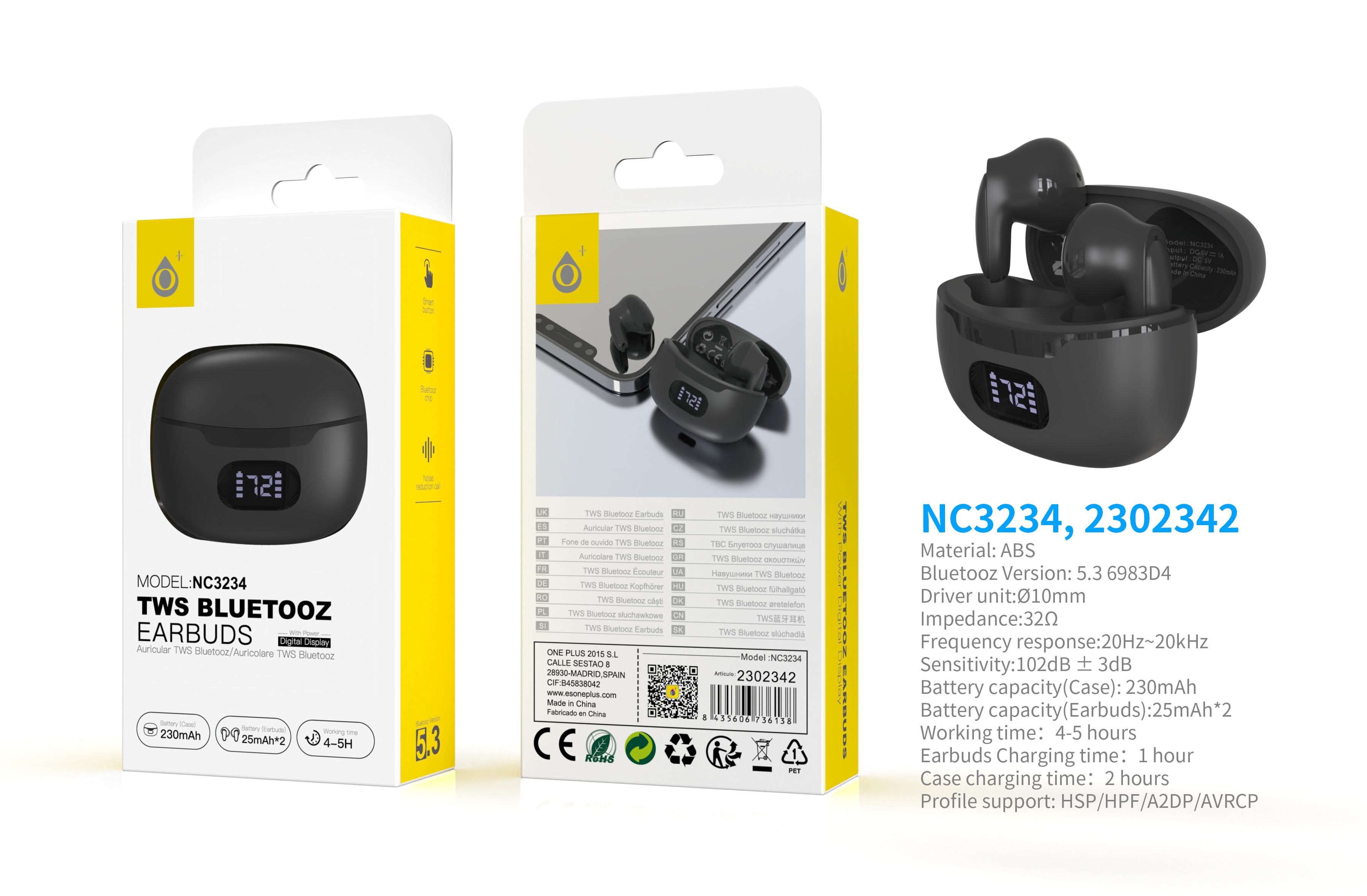 NC3234 NE Auriculares TWS Bluetooth 5.3  Bateria (25mAh*2) con estuche cargable(230mAh), Negro