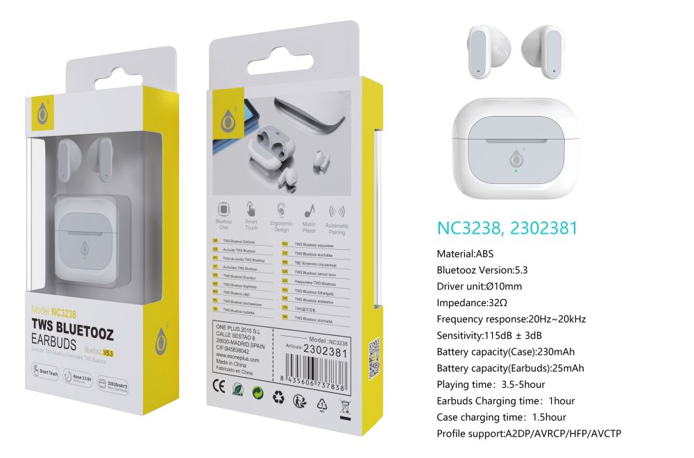 NC3238  Auriculares TWS Con Bluetooth 5.3, Panel Tacil, Bateria (25mAh*2)Estuche Recargable 230mAh,