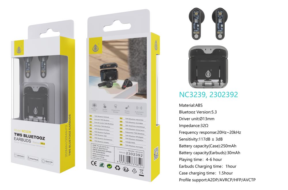 NC3239  NE Auriculares TWS Con Bluetooth 5.3, Panel Tacil, Bateria (30mAh*2)Estuche Recargable 250mA