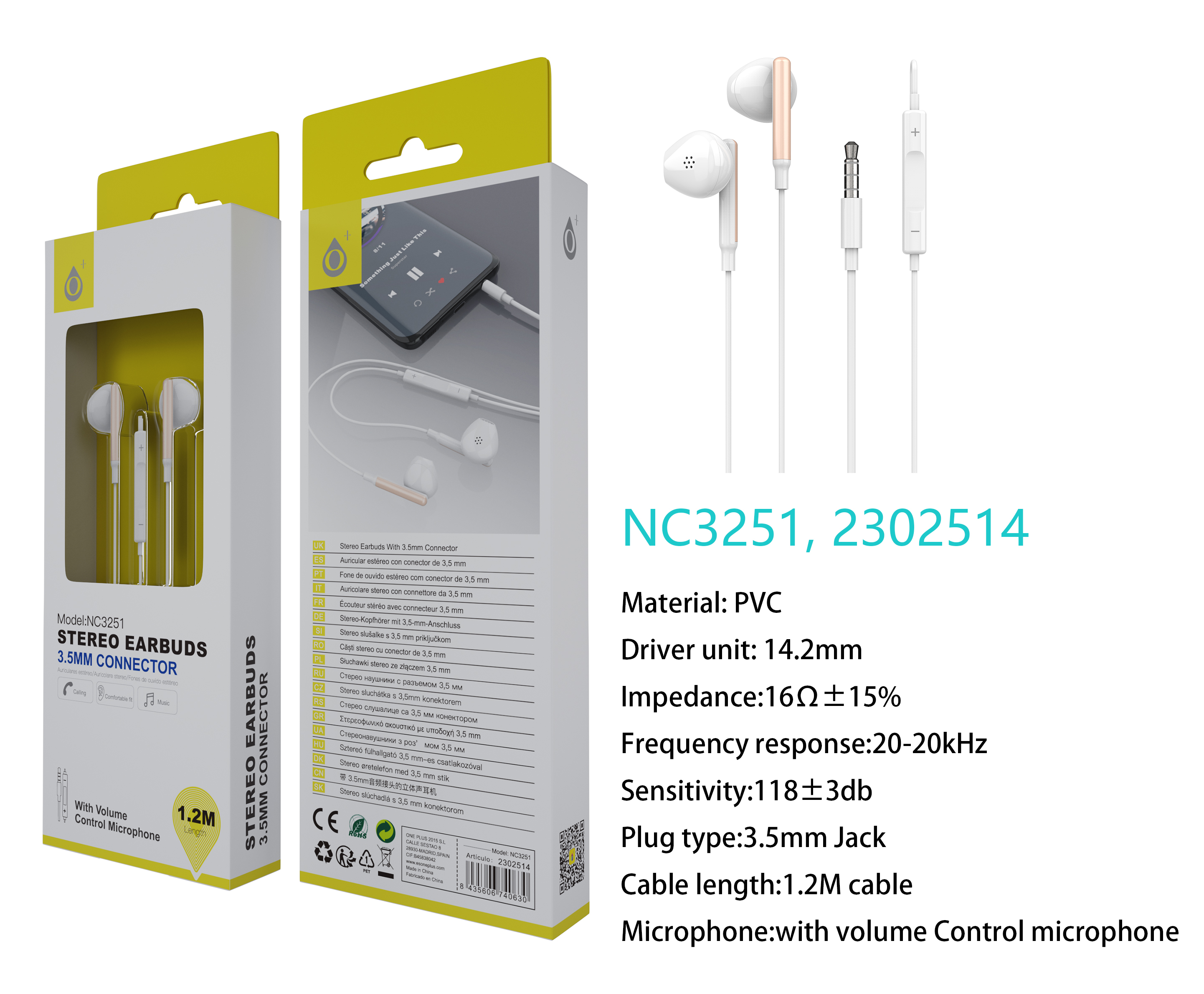 NC3251 RS Auricular Ria con Microfono y  Control de Volumen, Soporta llamada y Musica, Cable 1.2m, R