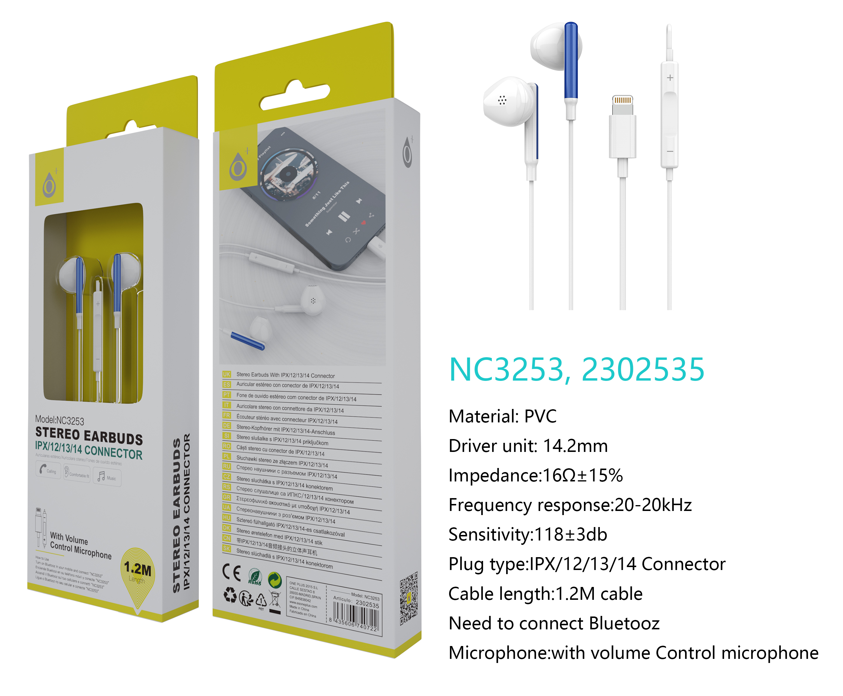NC3253 AZ  Auricular Lightning Ria con Microfono y Control de Volumen, (Necesario Activar Bluetooth)