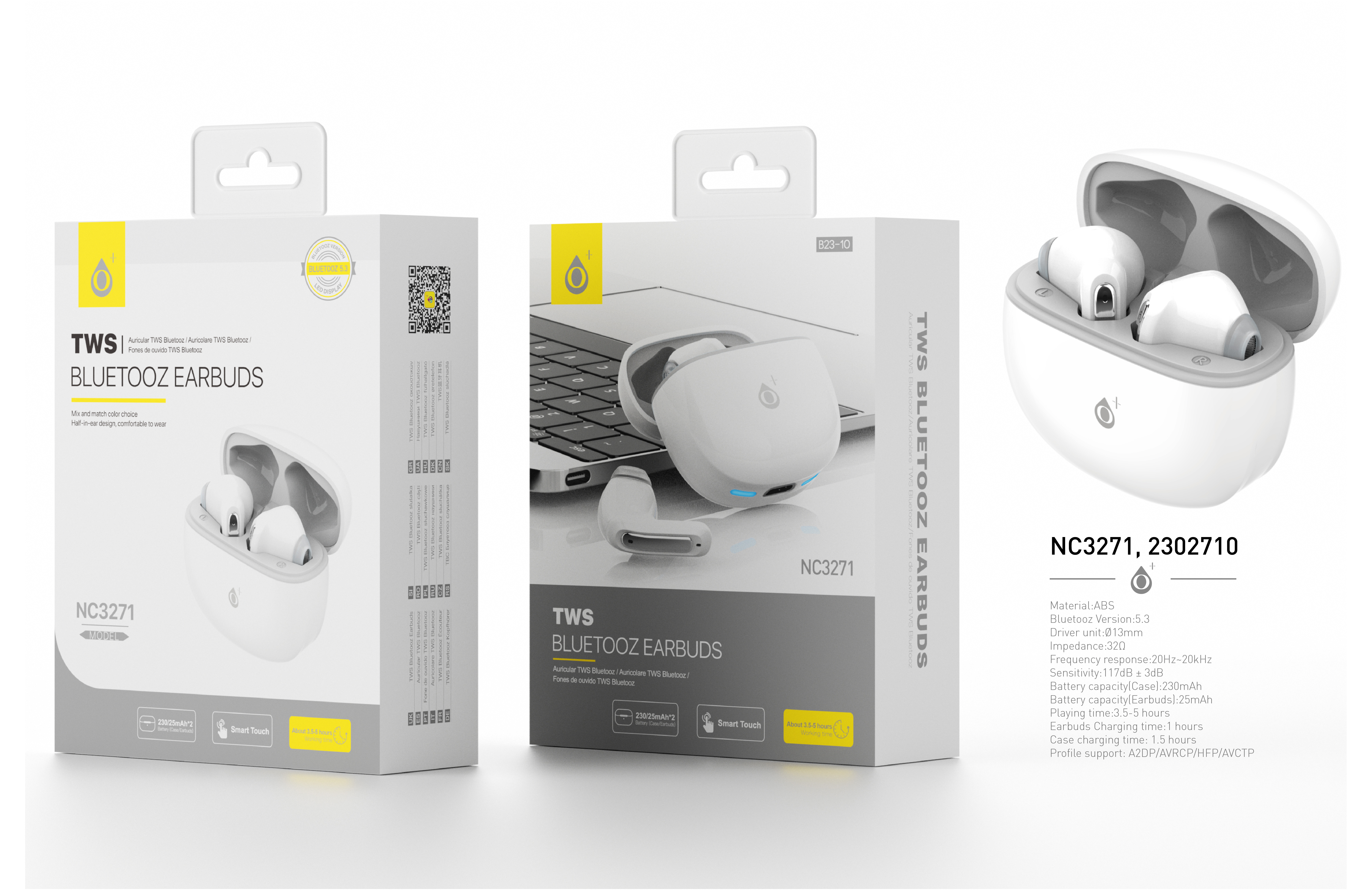 NC3271  Auriculares TWS Bluetooth 5.3, Bateria (25mAh*2)Con Estuche Recargable 230mAh, Blanco+Gris