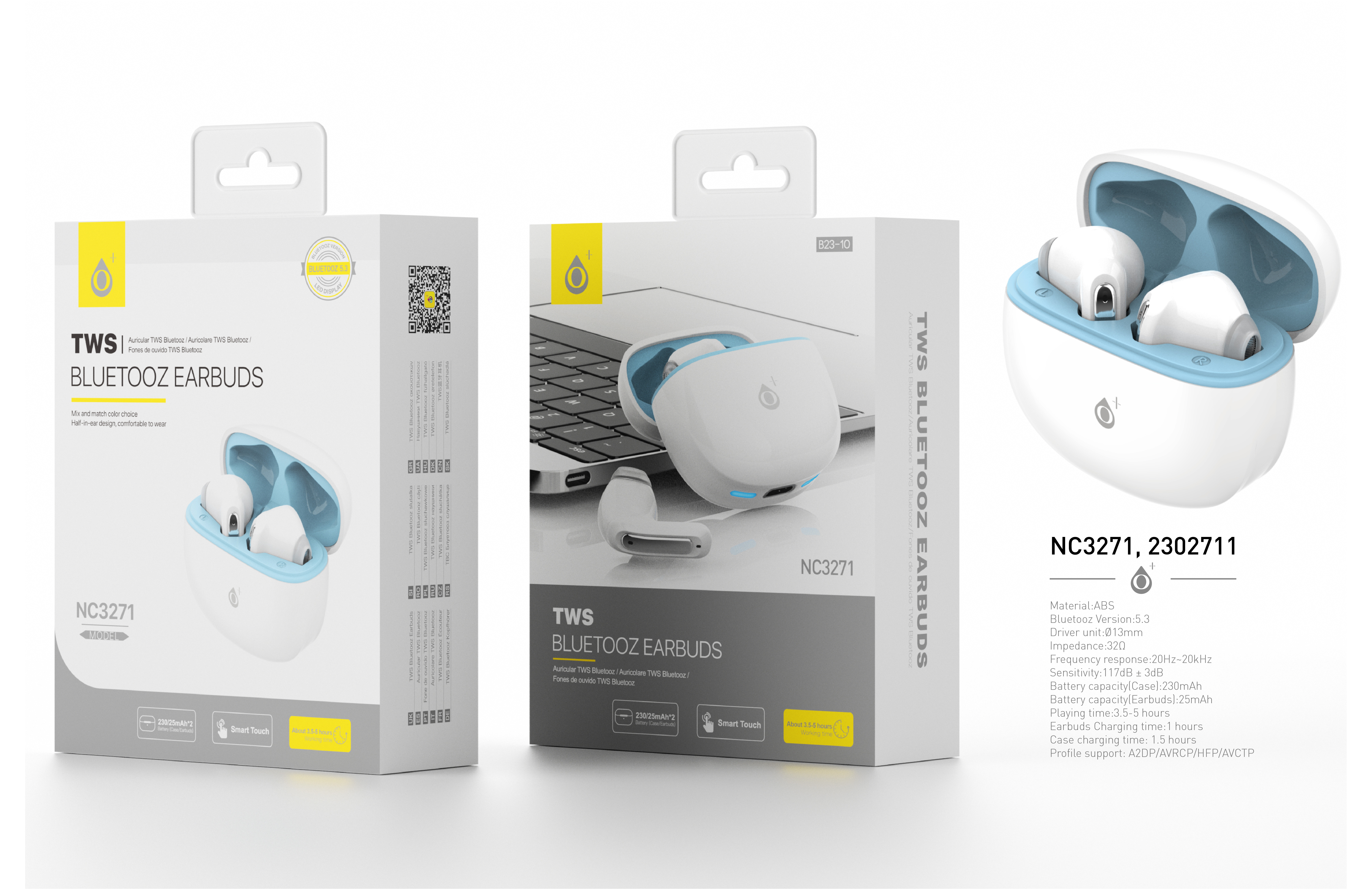 NC3271 Auriculares TWS Bluetooth 5.3, Bateria (25mAh*2)Con Estuche Recargable 230mAh, Blanco+Azul