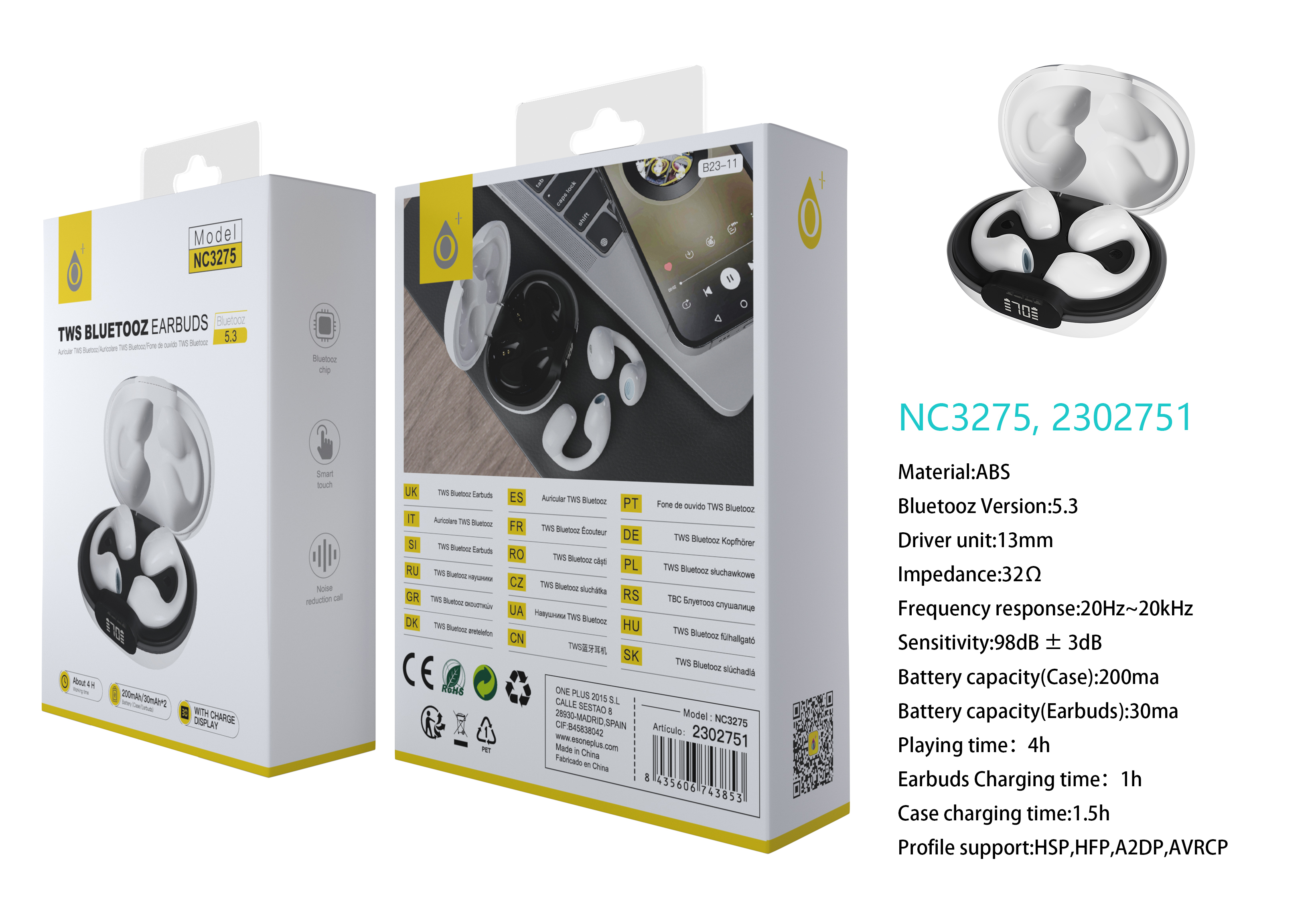 NC3275 BL Auriculares Cool TWS Bluetooth 5.3, Bateria Earbuds 30mAh*2 + Estuche 200mAh, con pantalla digital, 4h de uso, Blanco