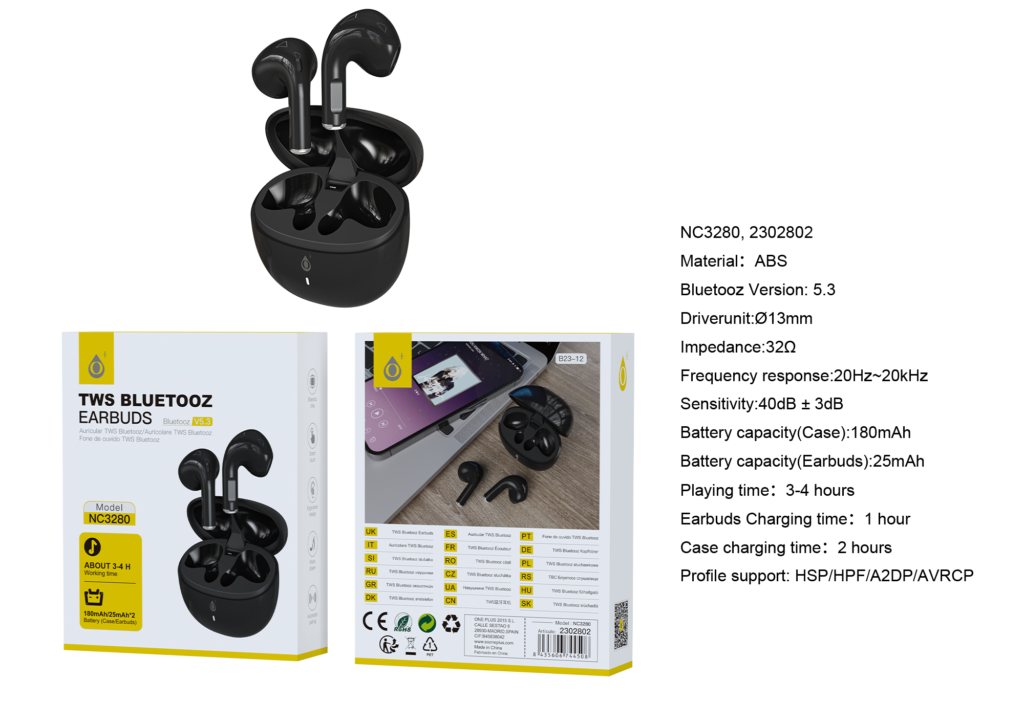 NC3280 NE  Auriculares TWS Bluetooth 5.3, Bateria (25mAh*2£©Con Estuche Recargable 180mAh, Negro