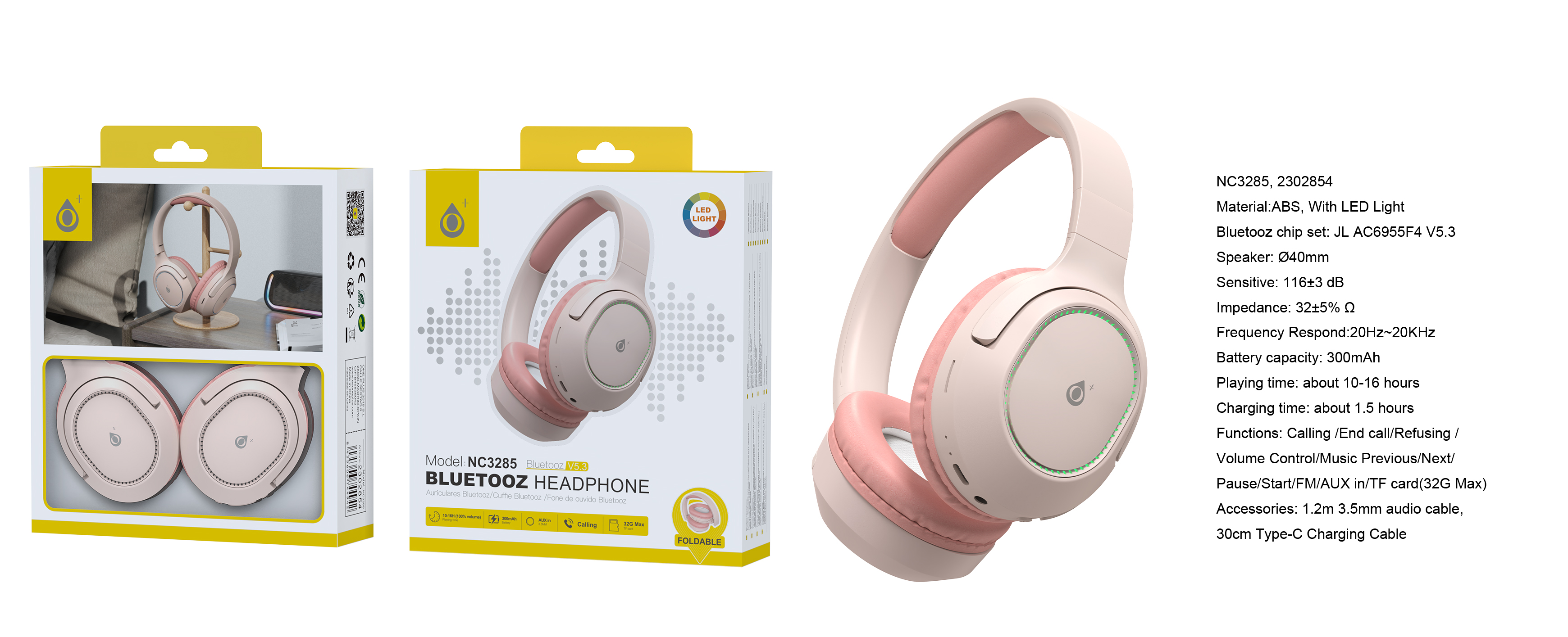 NC3285 RS Auriculares Casco plegable con luz Led Bluetooth 5.3, Soporta AUX 3.5mm/TF 32G (Max)Bateria 300mAh, Rosa