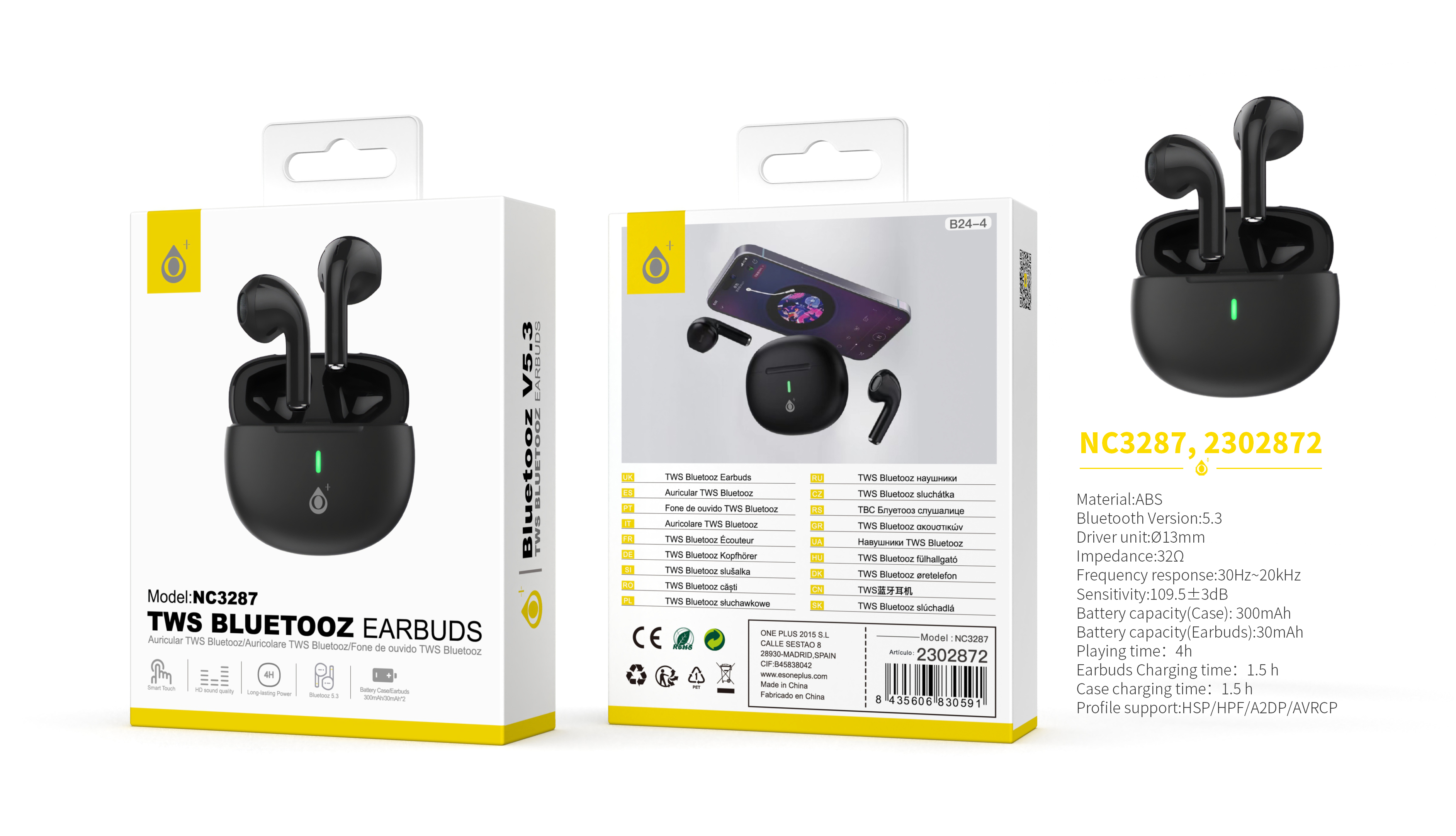 NC3287 NE Auriculares TWS Bluetooth 5.3, Bateria (30mAh*2)Con Estuche Recargable 300mAh, Negro